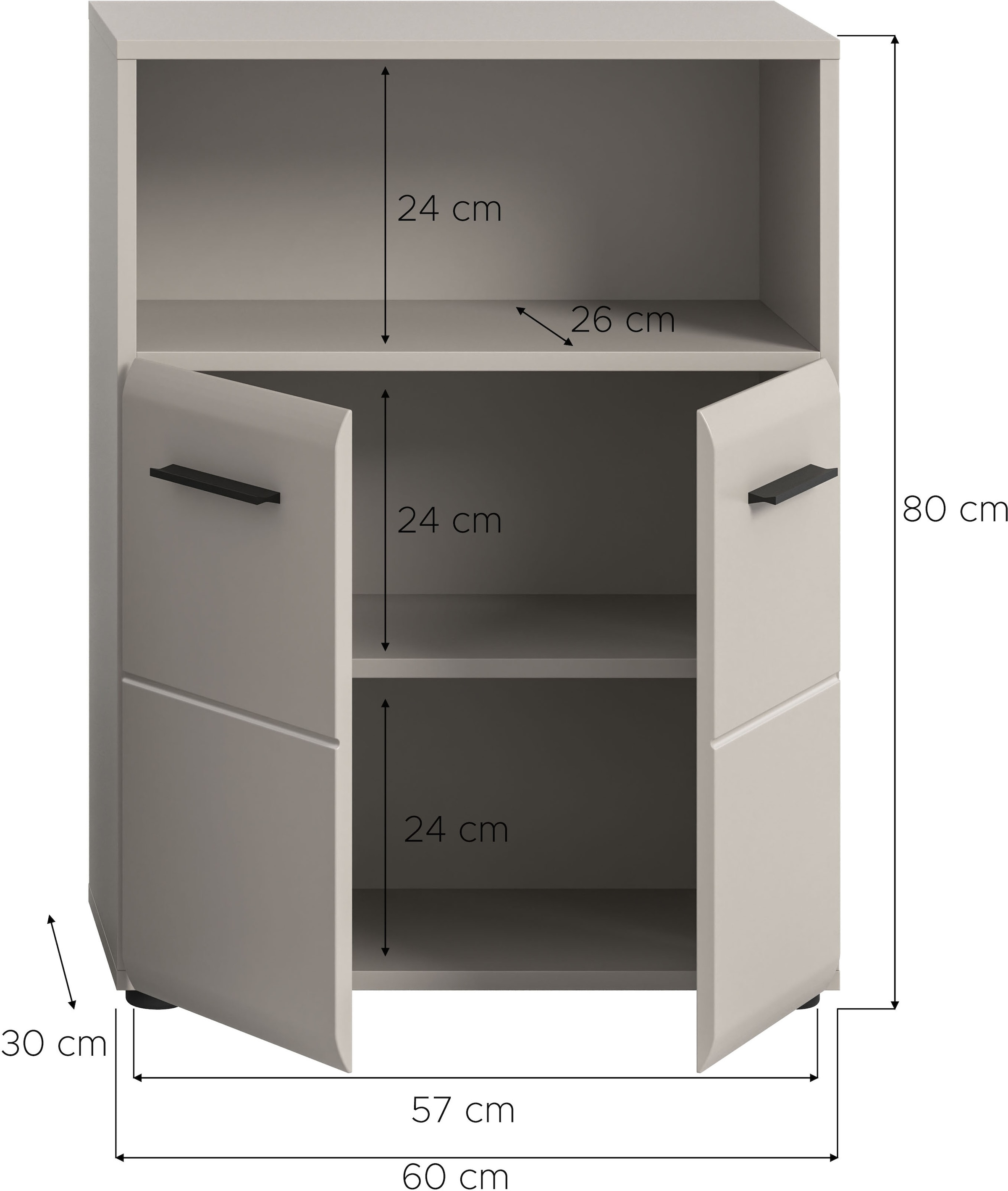 welltime Armoire intermédiaire »FLORENZ,  Breite 60 cm, 2 Türen, 1 Fachboden, 1 offene Fach« TOPSELLER!, 1 cuis tlg. hochwertige MDF Front, Griff schwarz, Badschrank, Bad