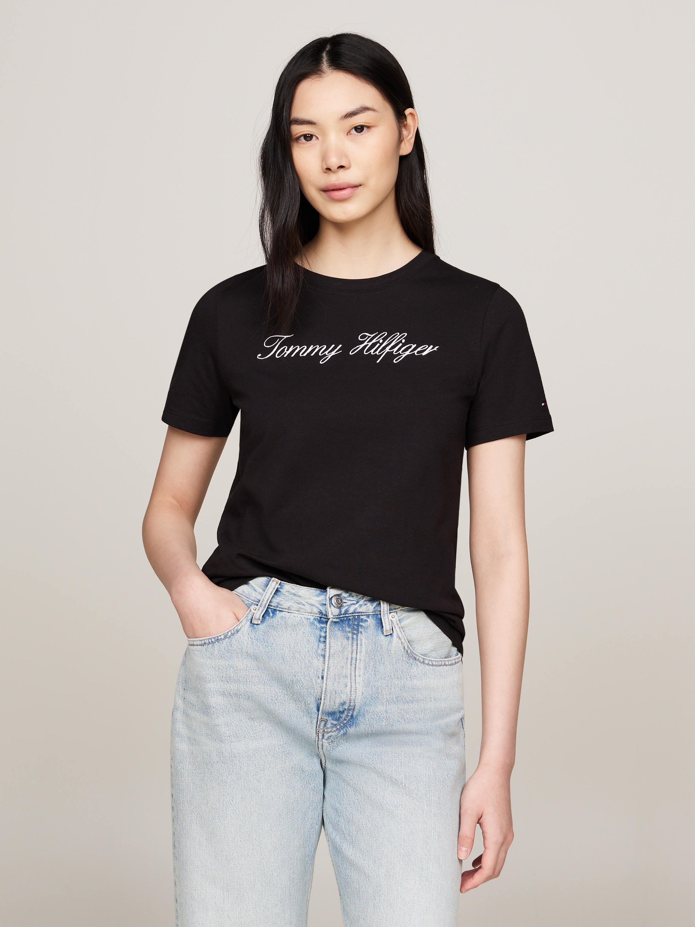 Image of Tommy Hilfiger T-Shirt "NOS SCRIPT REGULAR C-NK SHORT SLEEVE" mit Rundhals und kontrastfarbener Stickerei, Regular Fit