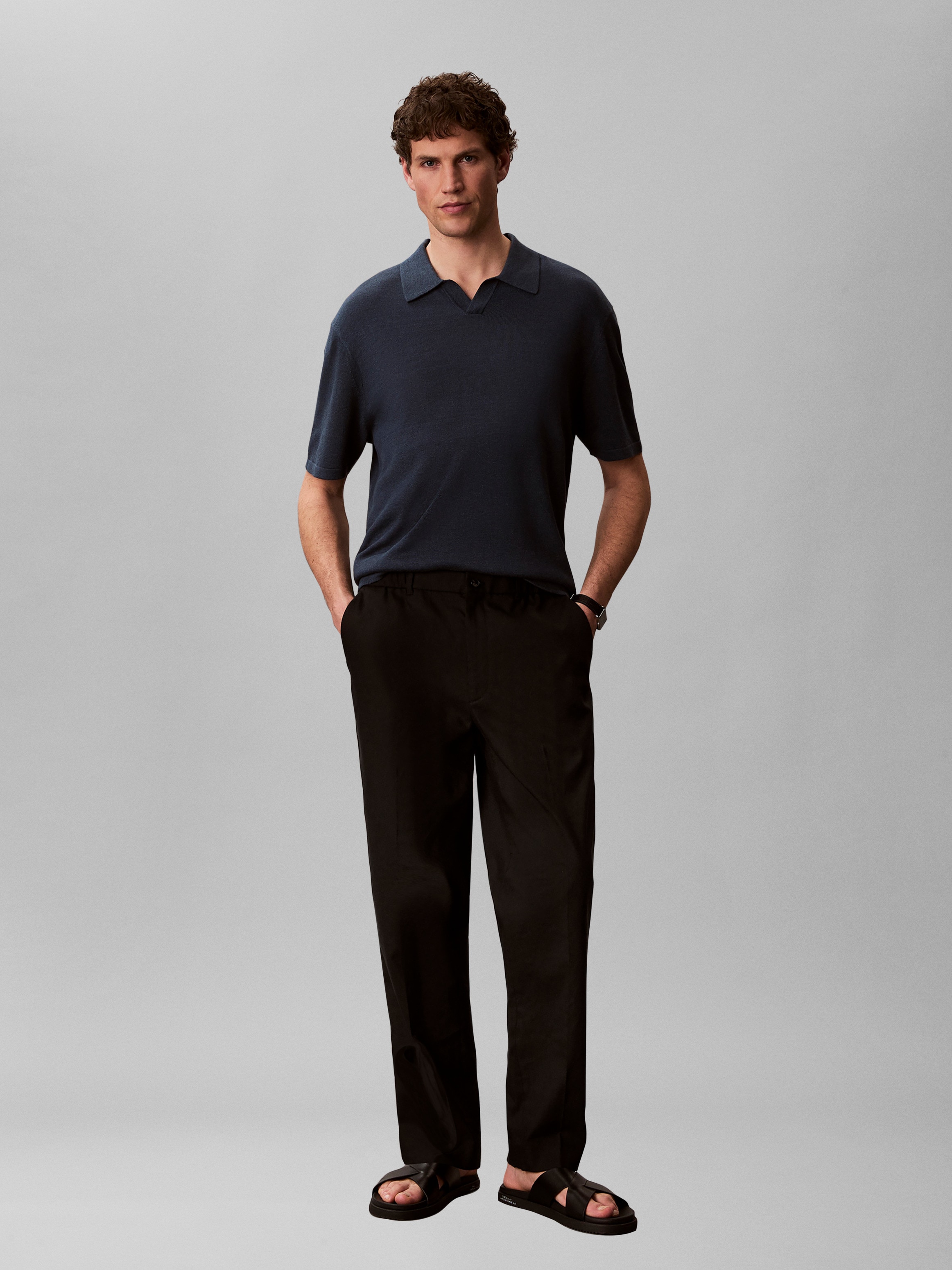 Calvin Klein Kurzarmpullover Feinstrick aus Leinenmix, Regular Fit, Polokragen