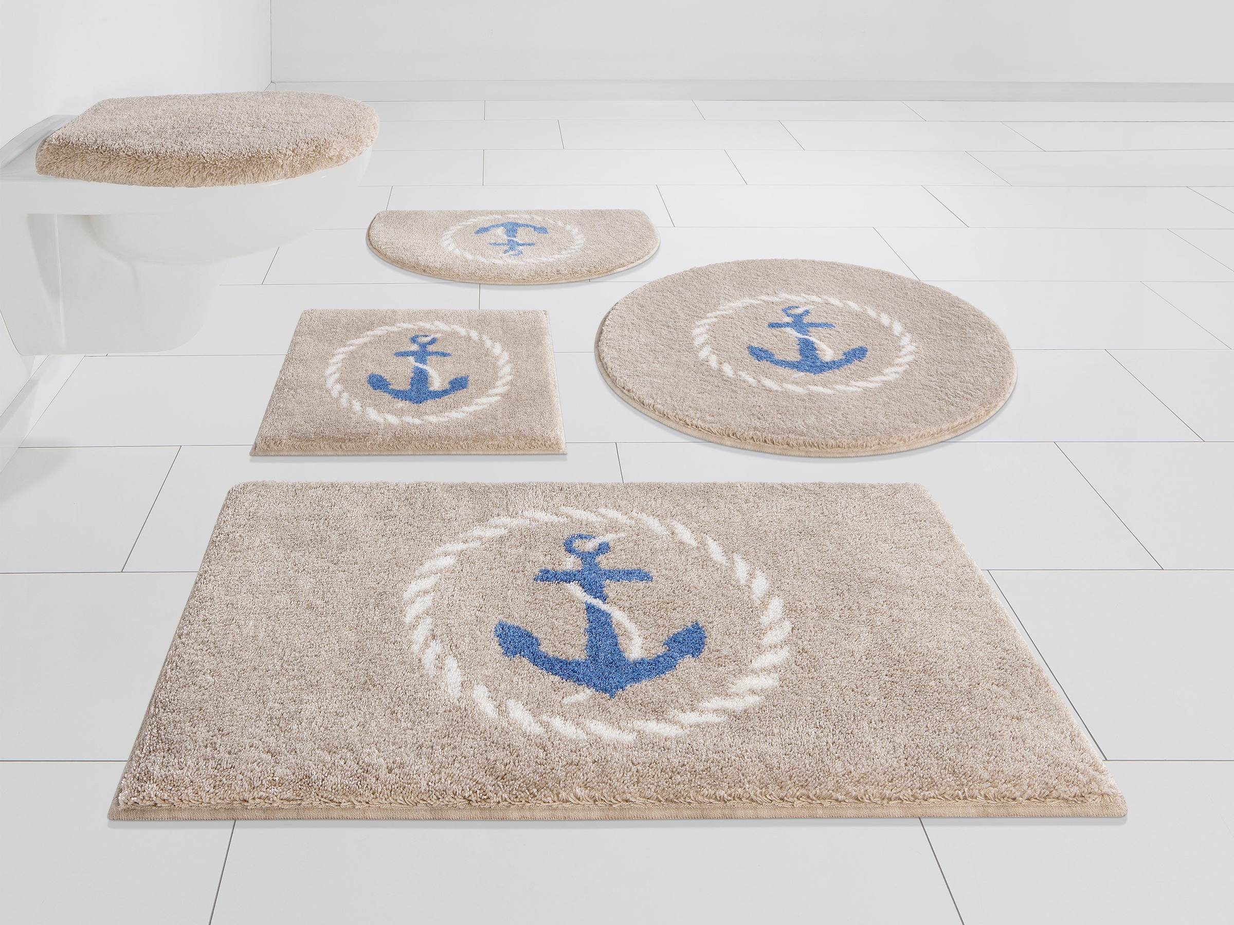 Grund Tapis de bain »Port Louis« Höhe 20 mm revêtement antidérapant compatible chauffage au sol Design avec ancre, maritime, Made in Europe