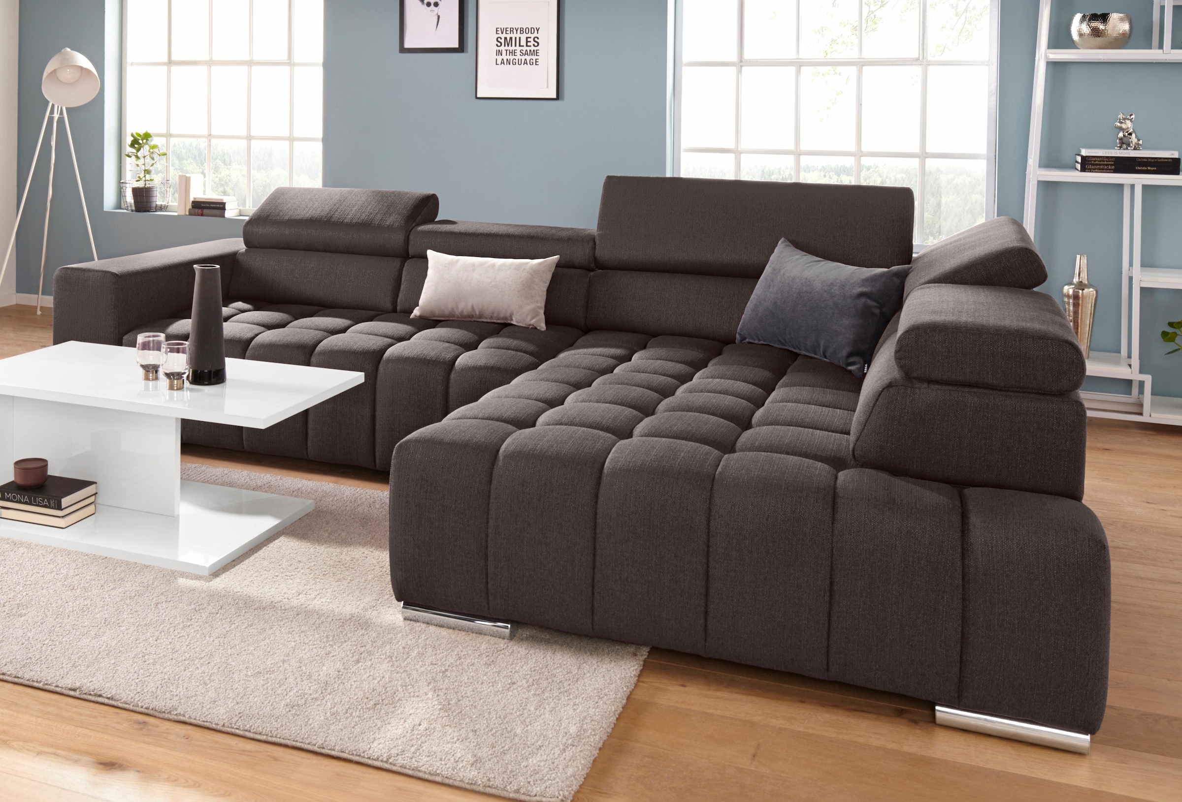 exxpo - sofa fashion Canapé d'angle »Elias, aktuelle Kreuzsteppung im Sitz, bequem, Breite 307cm, L-Form« mit Kopf- bzw. Rückenverstellung, wahlweise mit Bettfunktion