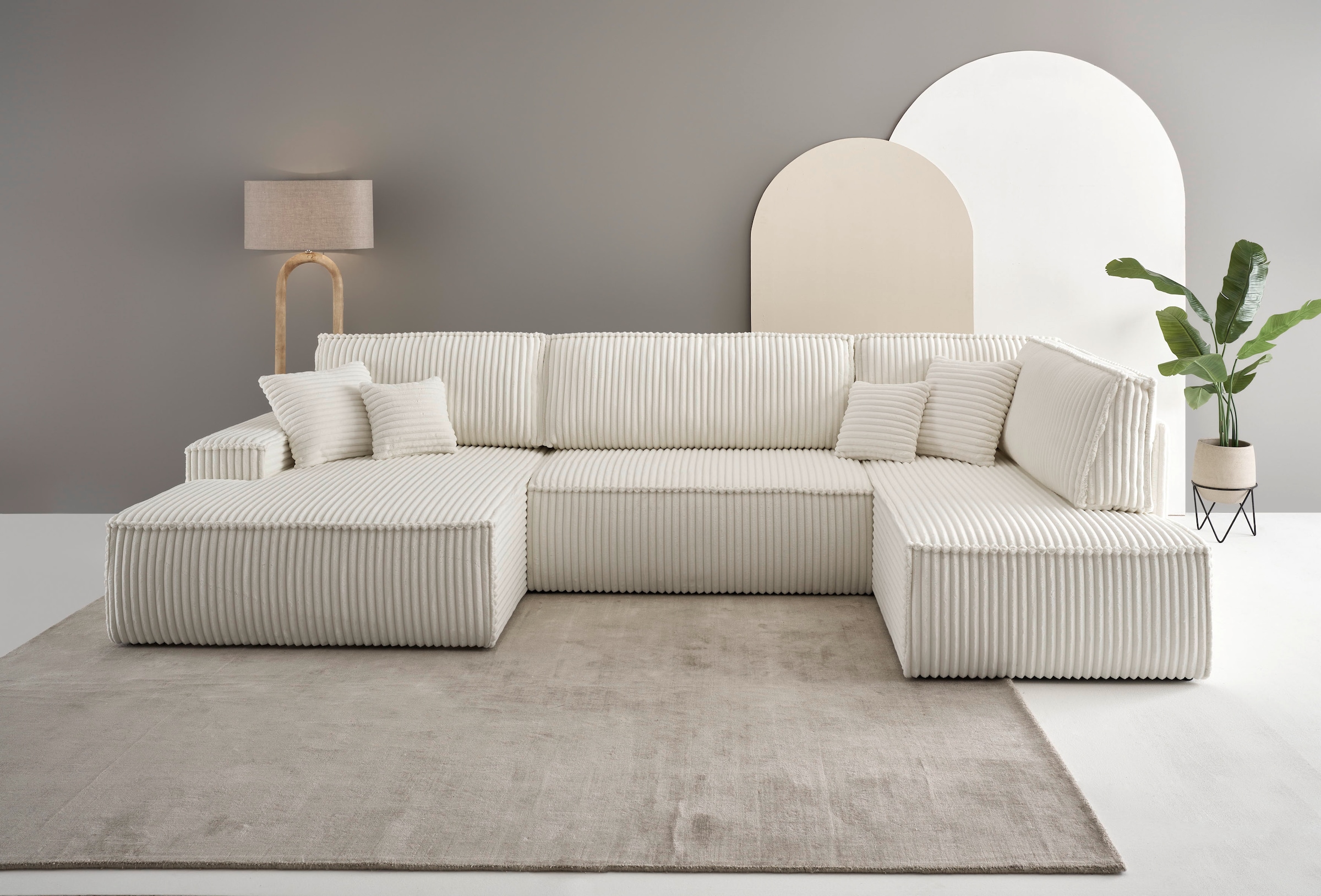 andas Wohnlandschaft »FINNLEY U-Form XXL 329 cm, Schlafsofa, Schlaffunktion m. Bettkasten«, (194/139 cm), Bouclé, Struktur und Cord