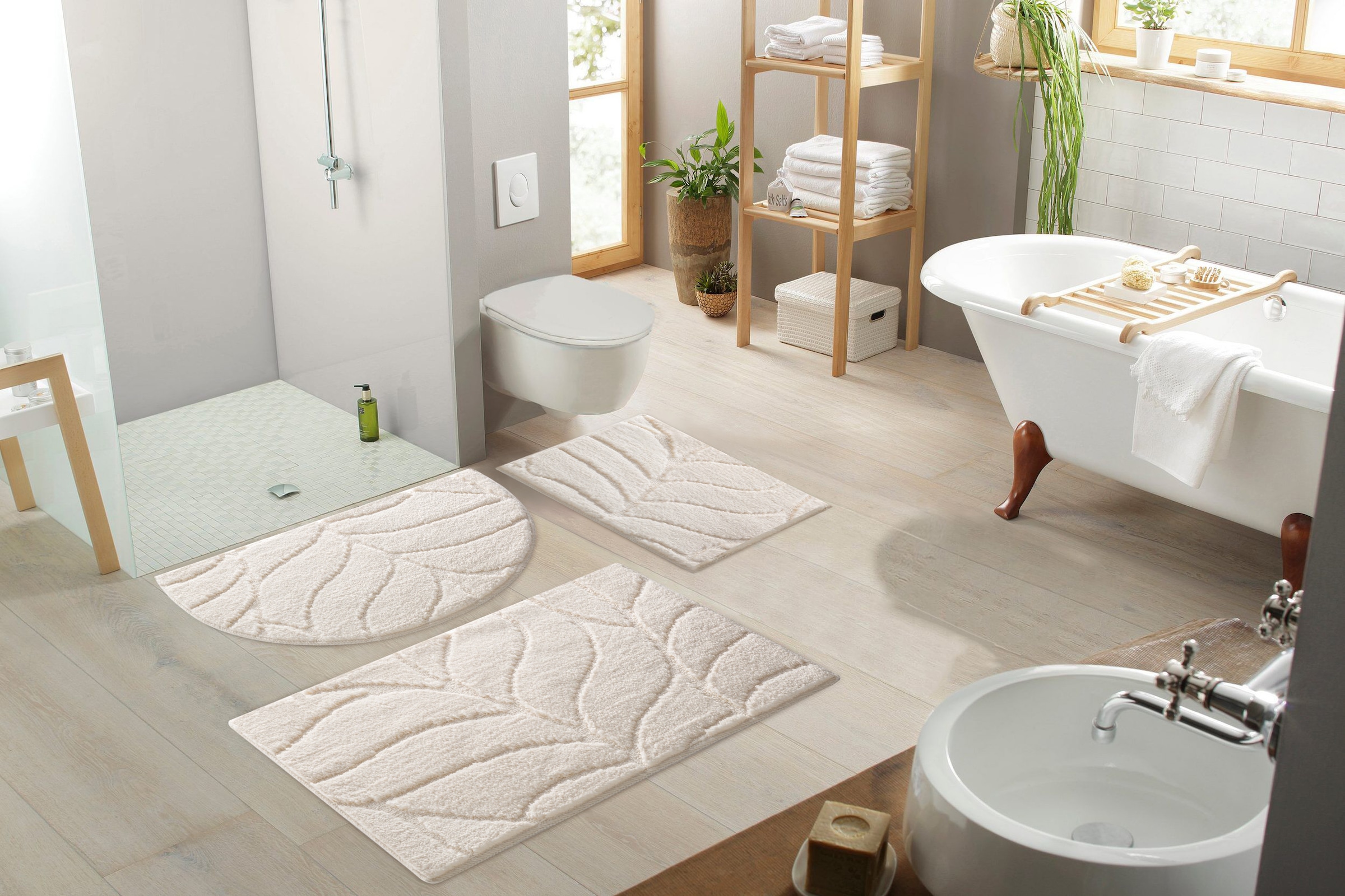 my home Badematte »Epense, Badvorleger, Badezimmer Teppich, Duschvorleger«, fussbodenheizungsgeeignet-schnell trocknend, Badteppich, Uni Farben, Blätter, Hoch-Tief Effekt