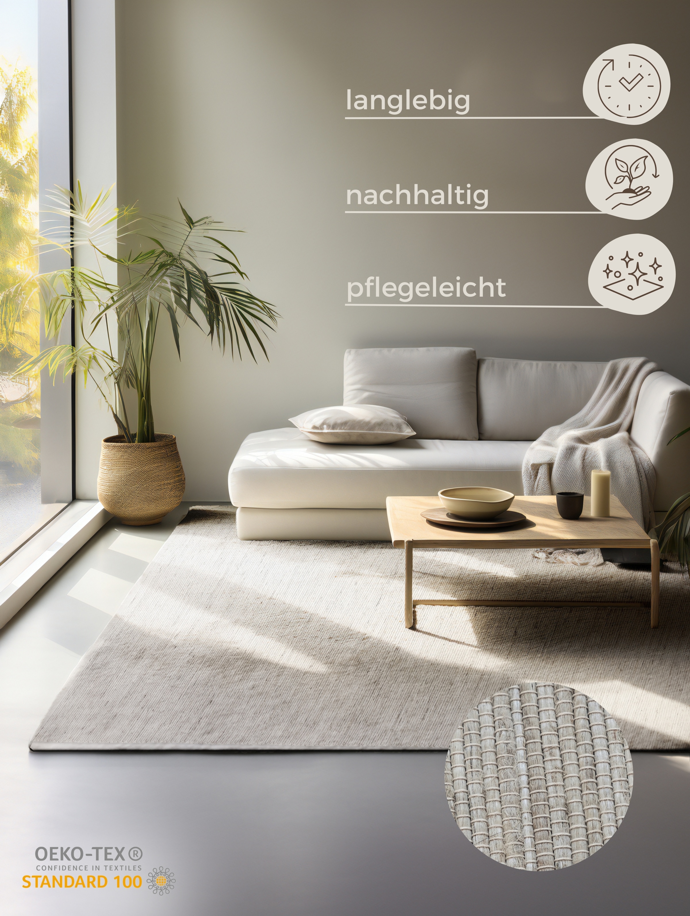 HANSE Home Teppich »Dhaka«, rechteckig, 5 mm Höhe, Handgewebt, Jute, Wolle, Natur, Wohnzimmer, Flur, Klassisch, Boho