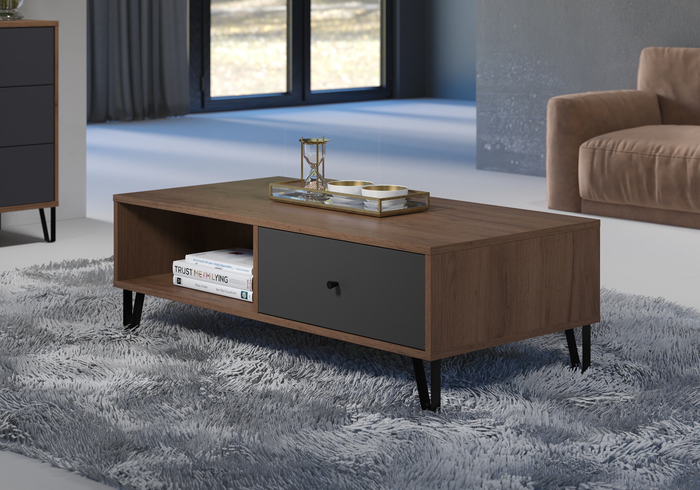 Places of Style Couchtisch »Molveno«, (1 St.), Sofatisch mit 2 Fächern, Schubladen und extravaganten Metall-Füssen