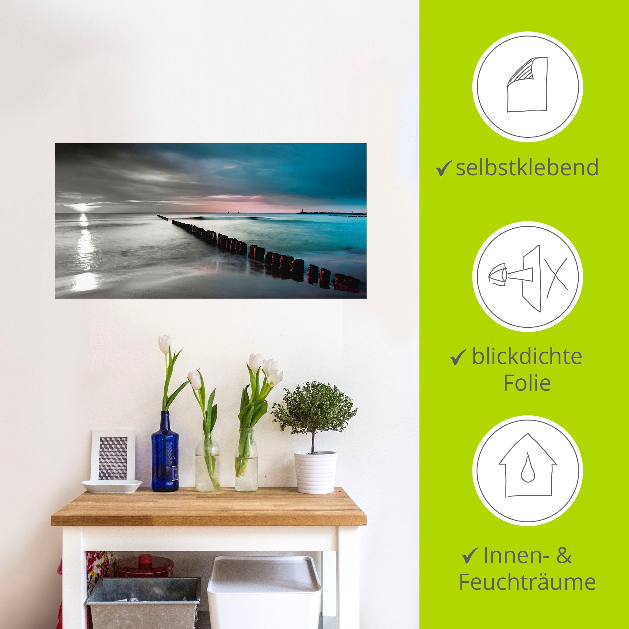 Artland Wandbild »Ostsee mit Sonnenaufgang s/w«, Gewässer, (1 St.), als Leinwandbild, Wandaufkleber in verschied. Grössen