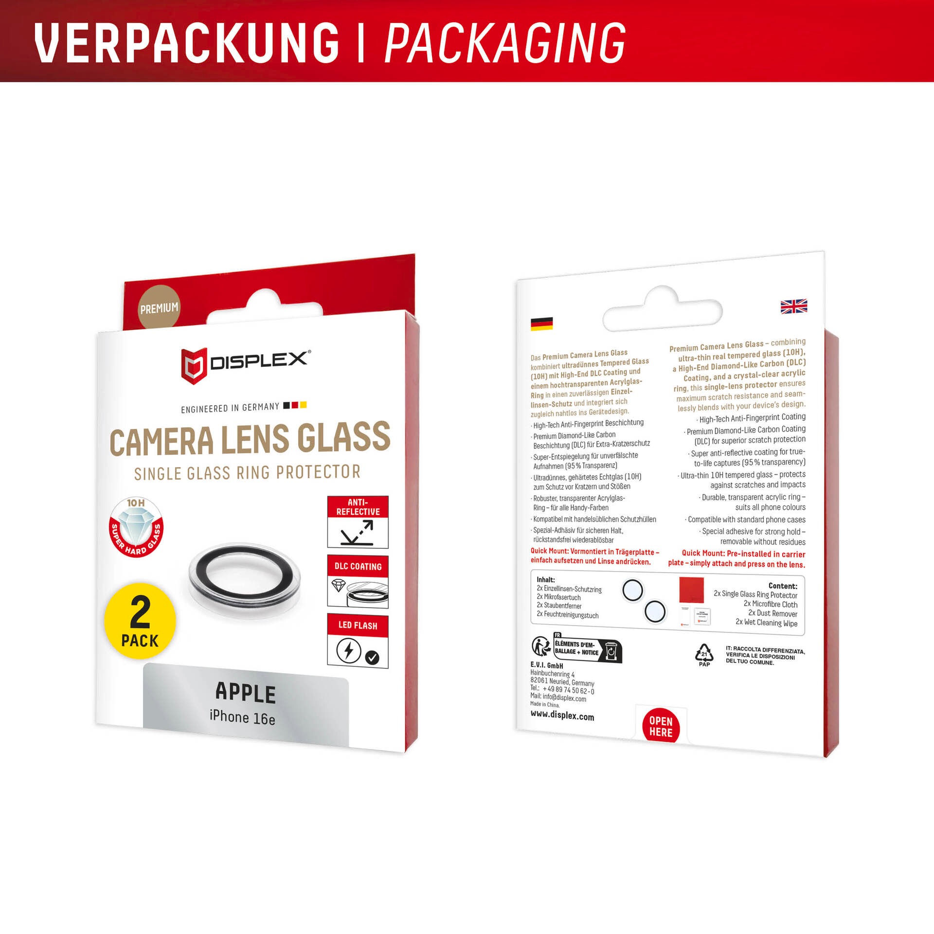 Displex Kameraschutzglas »Camera Lens Glass Single Glass Ring Protector« für Apple iPhone 16e Packung, 2x Einzellinsen-Schutzringe,  Objektivschutz, Kameraschutz, kratz- & stossfest