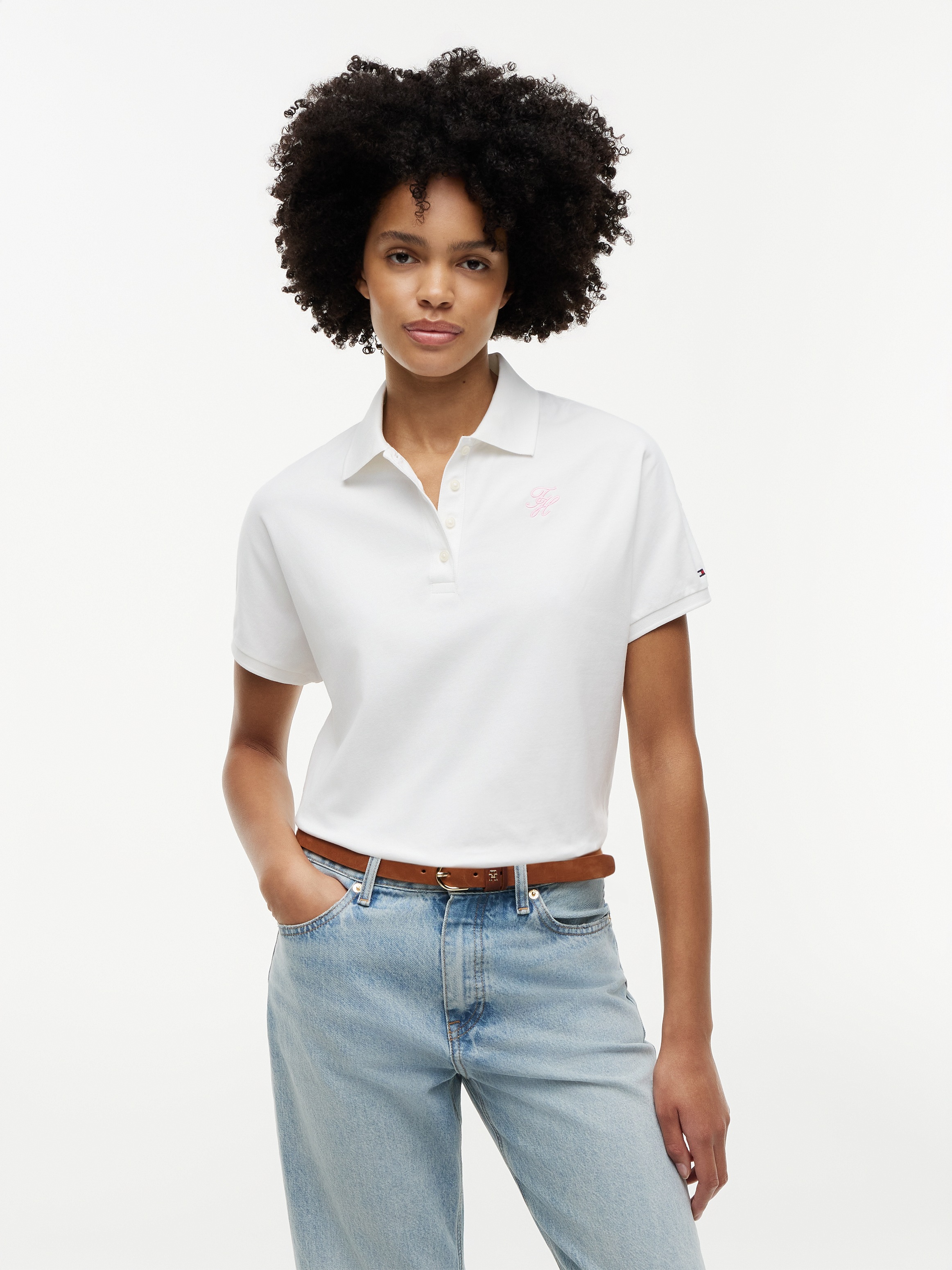 Image of Tommy Hilfiger Poloshirt "TH SCRIPT MODERN SS POLO" Baumwollmischung, Polokragen, kurze Knopfleiste