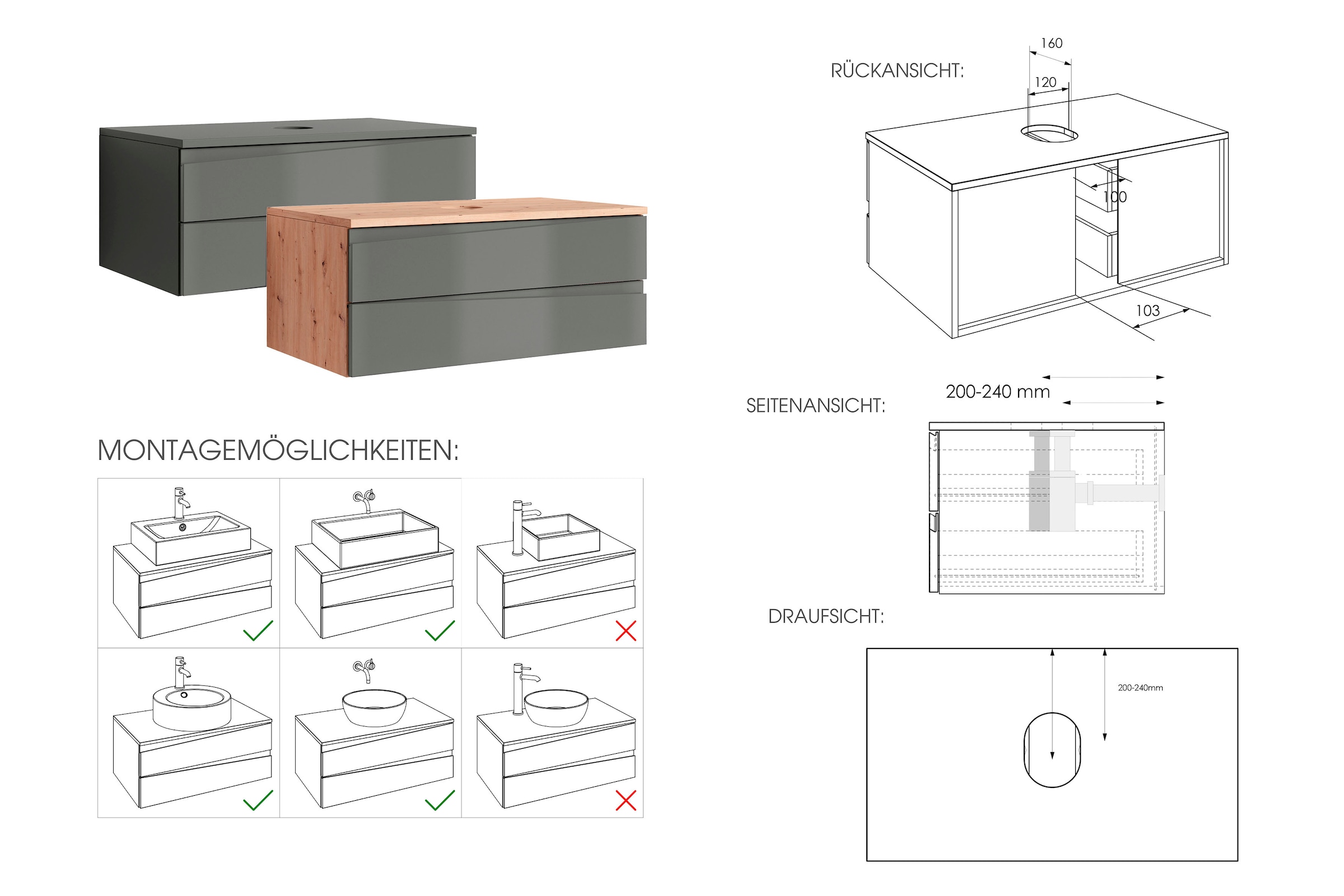 byLIVING Waschbeckenschrank »Shape« 1 Stk. tlg. für Aufsatzbecken mit asymetrischer Hochglanz Front, 2 Schubkästen