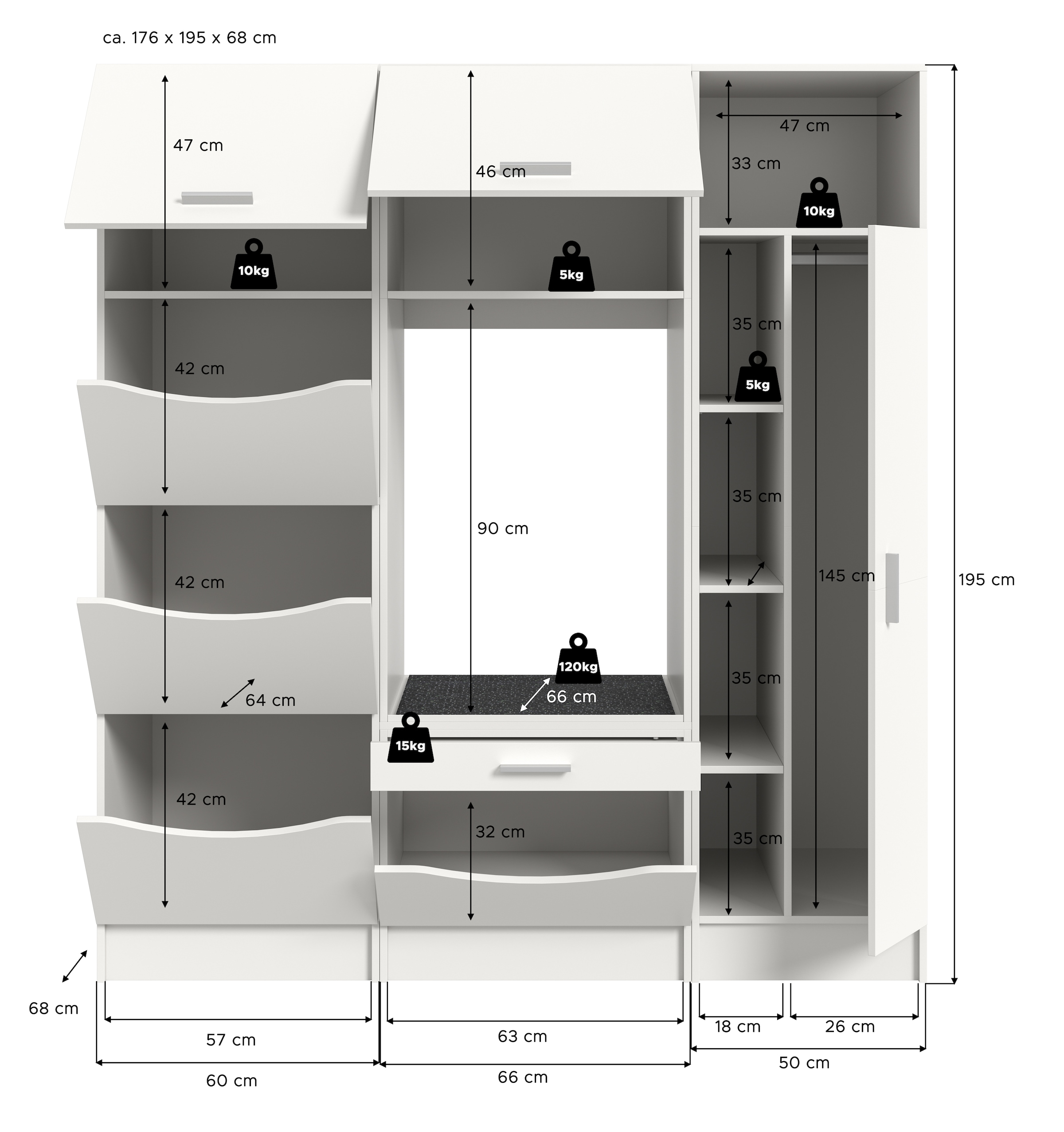 welltime Ensemble de meubles de salle de bain »FALAS, TOPSELLER!, 3-teilig, Hauswirtschaftsraum Set, Breite 176 cm« 1x Wäsche-, 1x Waschmaschinenumbau-, 1x Mehrzweckschrank, 