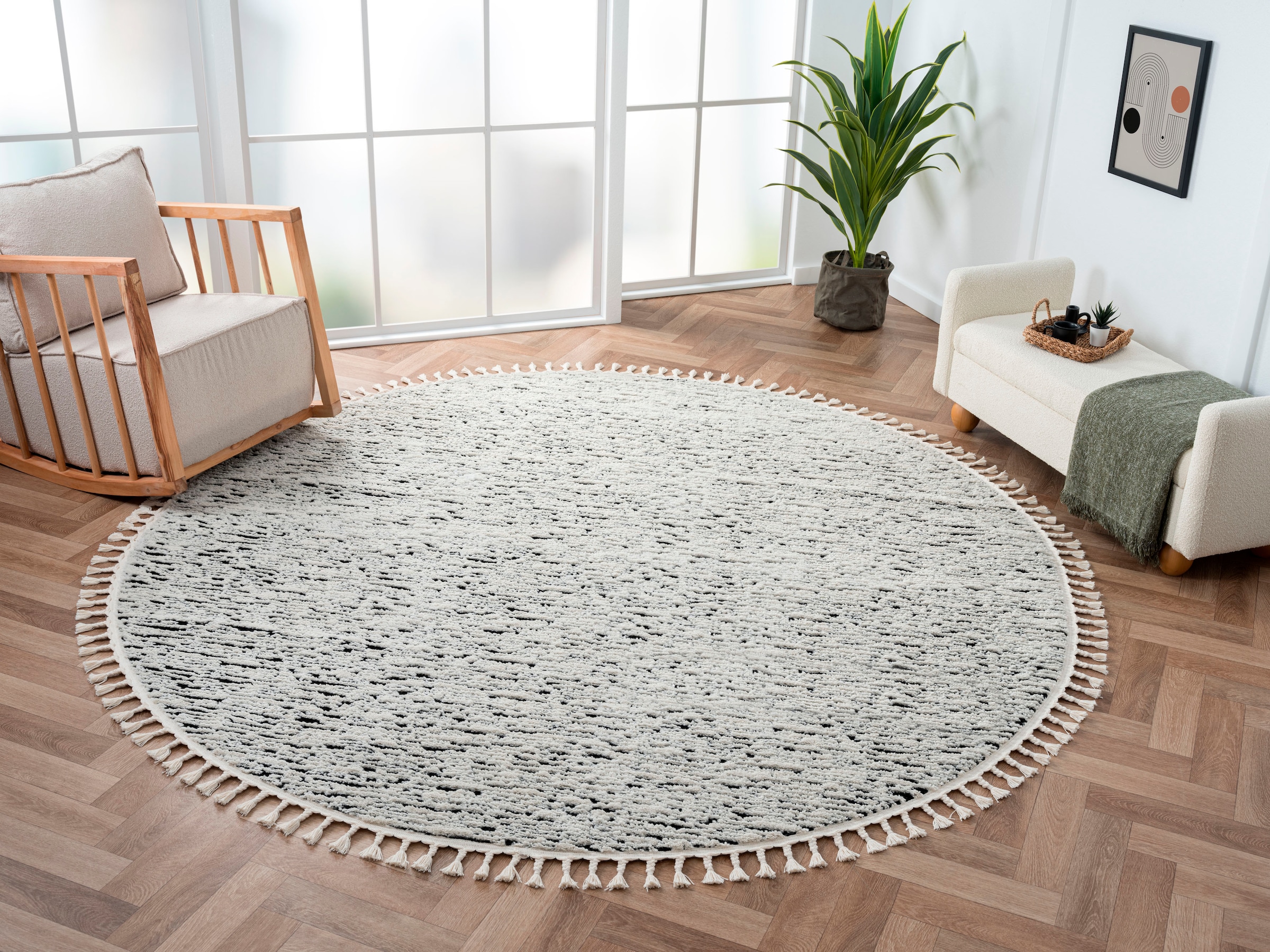 Image of Myflair Möbel & Accessoires Hochflor-Teppich "Moroccan Rockface" rund 24 mm Höhe modern, marokkanisches Design, meliert, flauschig weich, mit Fransen