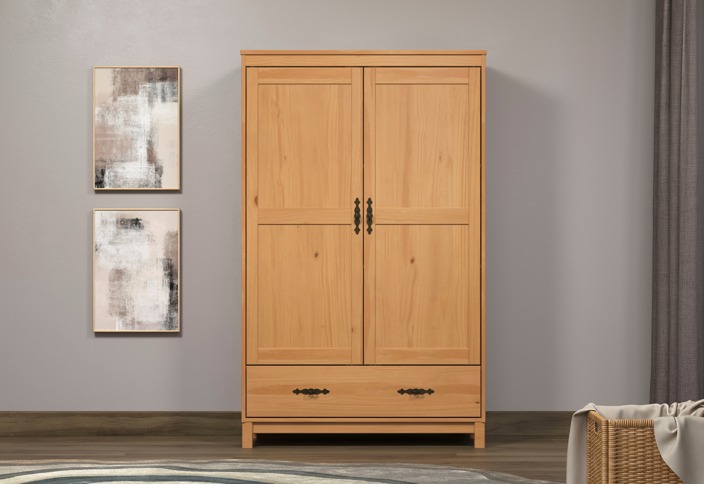 Home affaire Kleiderschrank »Sandnes Kieferschrank Schlafzimmer Schrank TOPSELLER weiss« natürlicher Landhaus-Look B/T/H: 96x38x155cm, 1 Stk. tlg. Drehtürenschrank aus Massivholz mit besonderen Metallgriffen