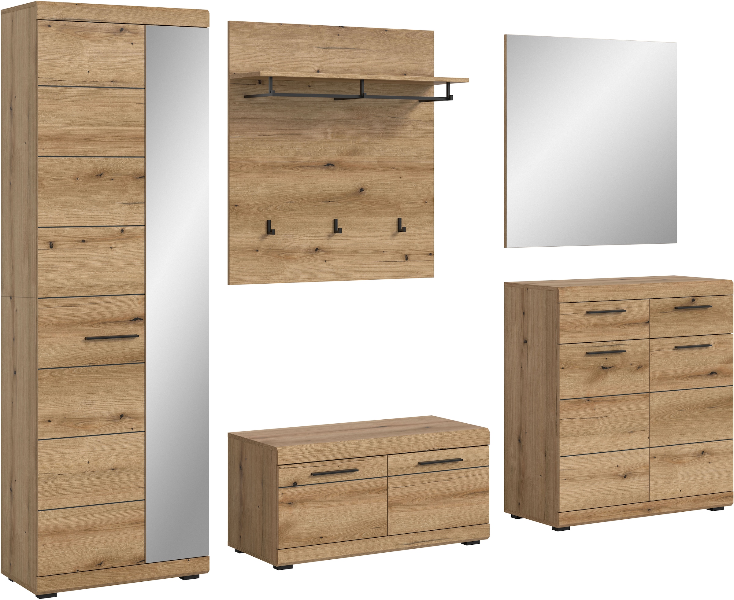 Image of Home affaire Garderoben-Set "SIENA, Breite 272 cm, 5-teiliges Set, individuell stellbar" Komplett-Set, best.aus: Garderobenschrank, Sitzbank, Paneel, Schuhschrank & Spiegel, 5 Stk. tlg.