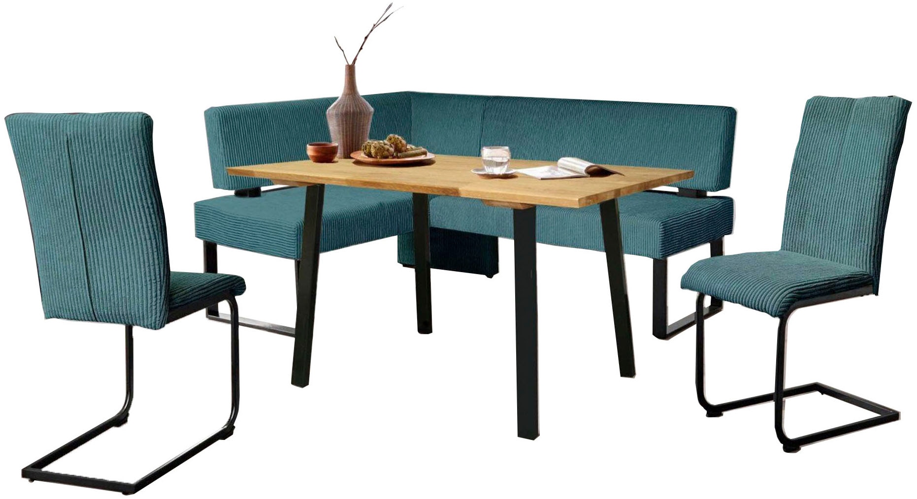 GOODproduct Ensemble de bancs d'angle »Oliver« Ensemble, 4-tlg, 4 cuis tlg. Eckbank mit Wellenunterfederung im Sitz, Tisch Massiv Eiche