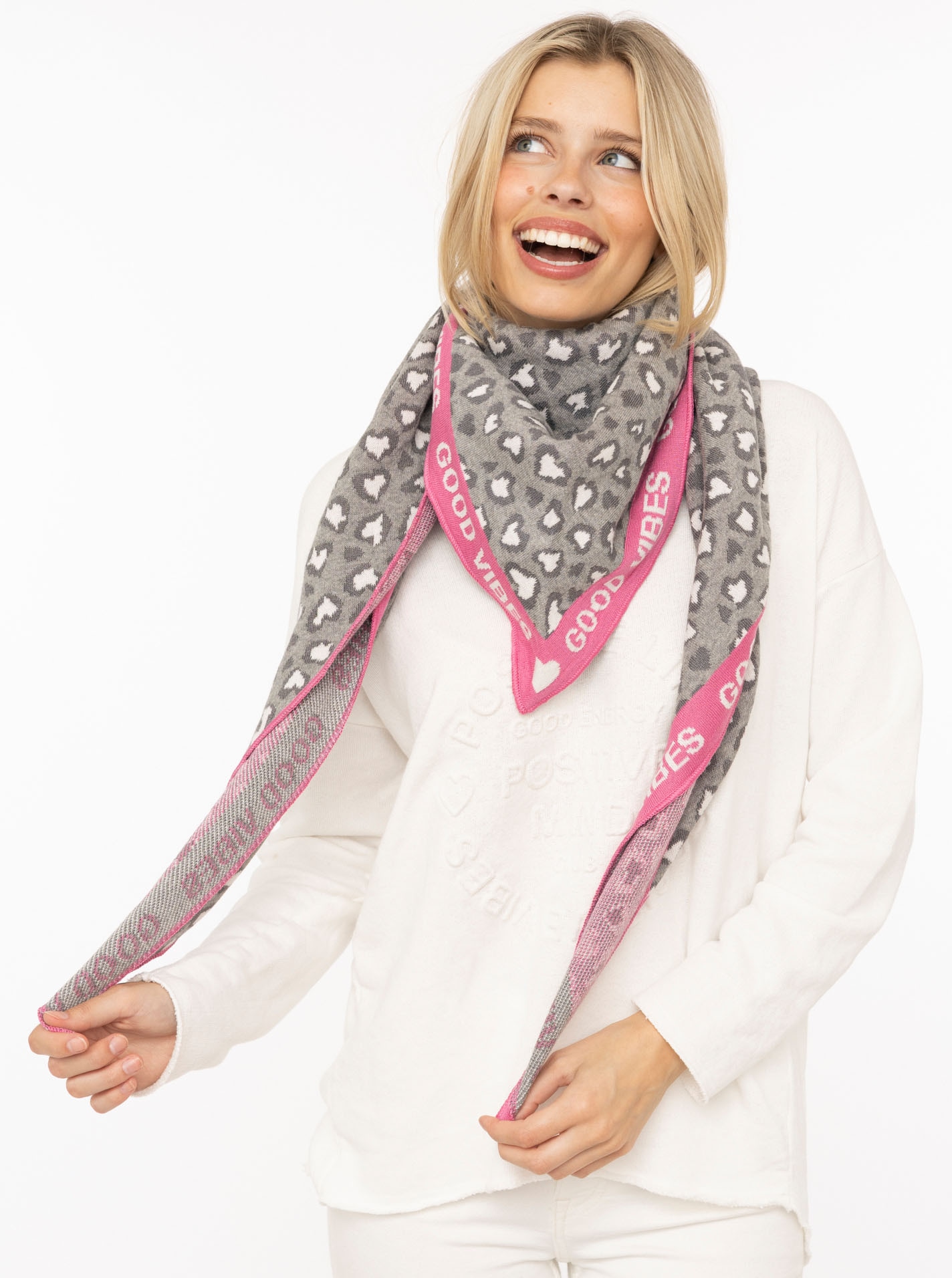 Image of Zwillingsherz Modetuch "Dreieckstuch BW "Leo & Good" Leo mit pinker Kante und guten Vibes