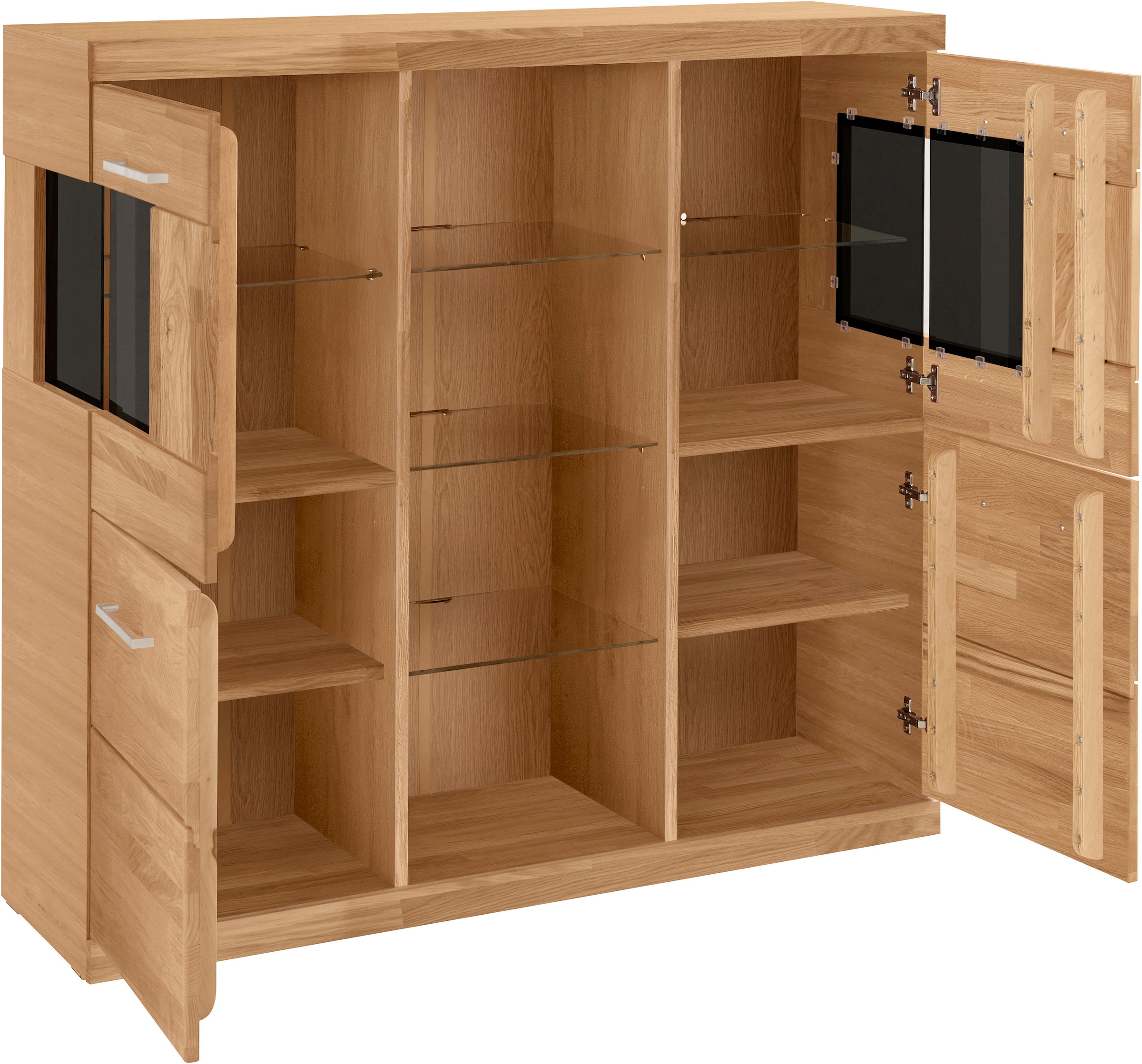 Home affaire Highboard »Ribe,120cm breit,112cm hoch,Oberplatte massiv,12 Fächer«, Holz massiv, Holzwerkstoff, Metall Griffe,2Türen mit Glaseinsatz