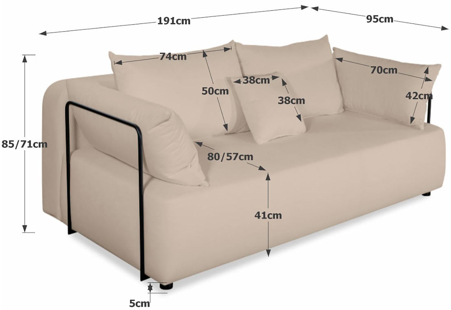 COLLECTION AB Schlafsofa »Maria, B: 191 cm, Liegefl. 143x190 cm« Schlaffunktion,Bettkasten,Bonnelfederkern,Moderne Armlehnen aus Metall