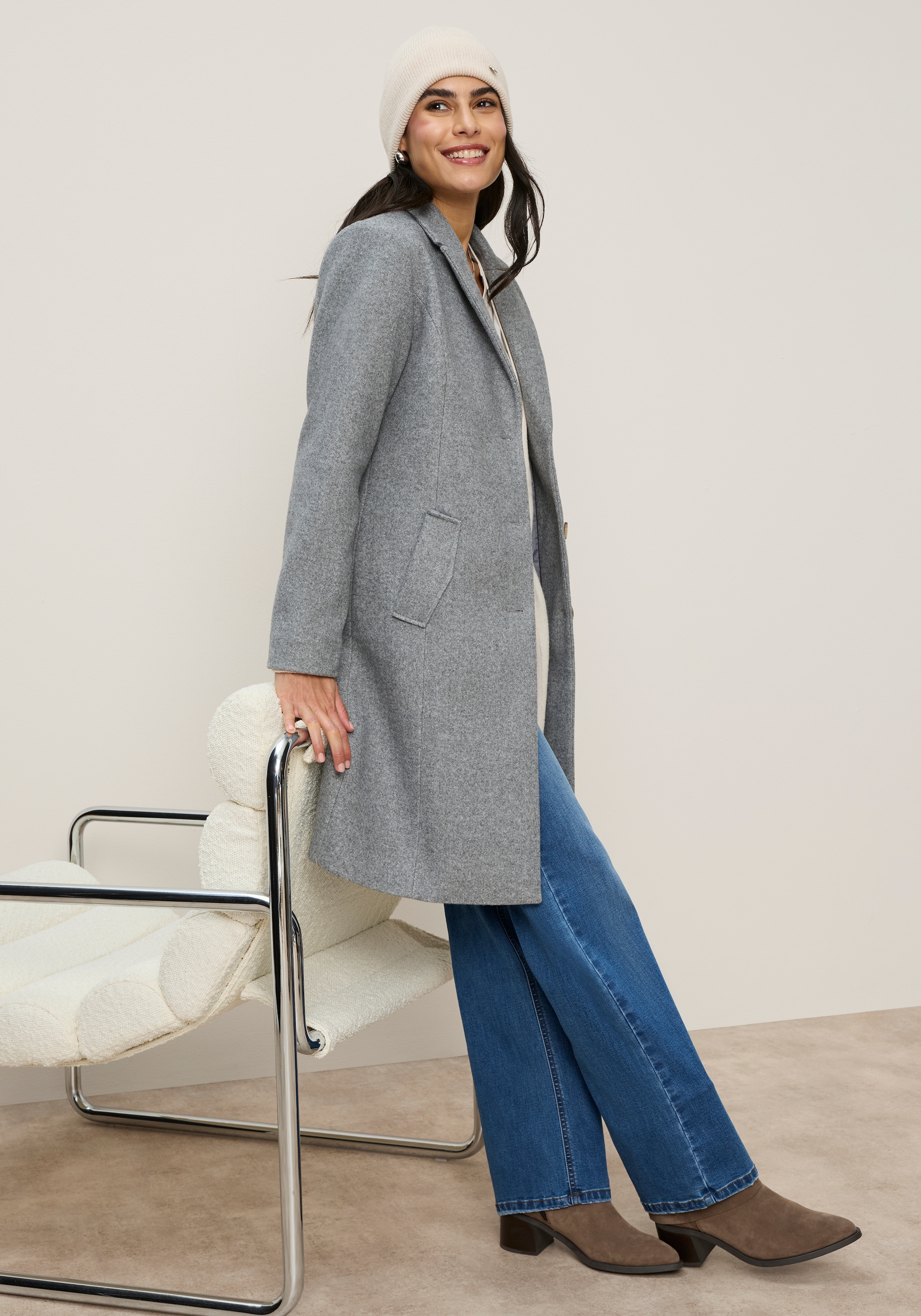 Tamaris Manteau long coupe ajustée, col à revers et boutons, idéal pour la mi-saison