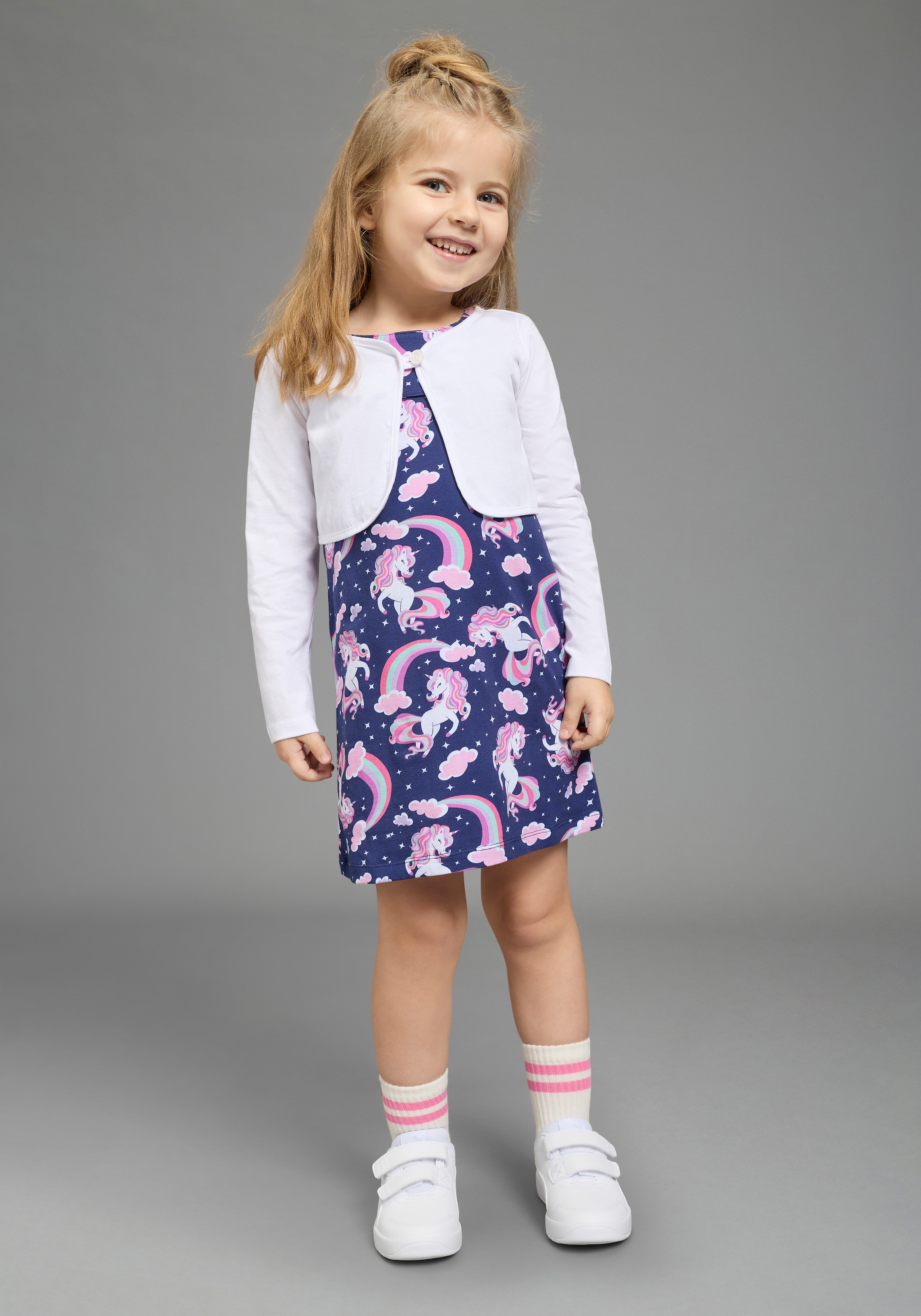 Image of KIDSWORLD Bolero, Kleid & Leggings "2 tlg Set Kleid+Bolero Einhorn" Set, 2, 2 tlg. bedrucktes Design, aus Baumwollmischung, Single Jersey Material