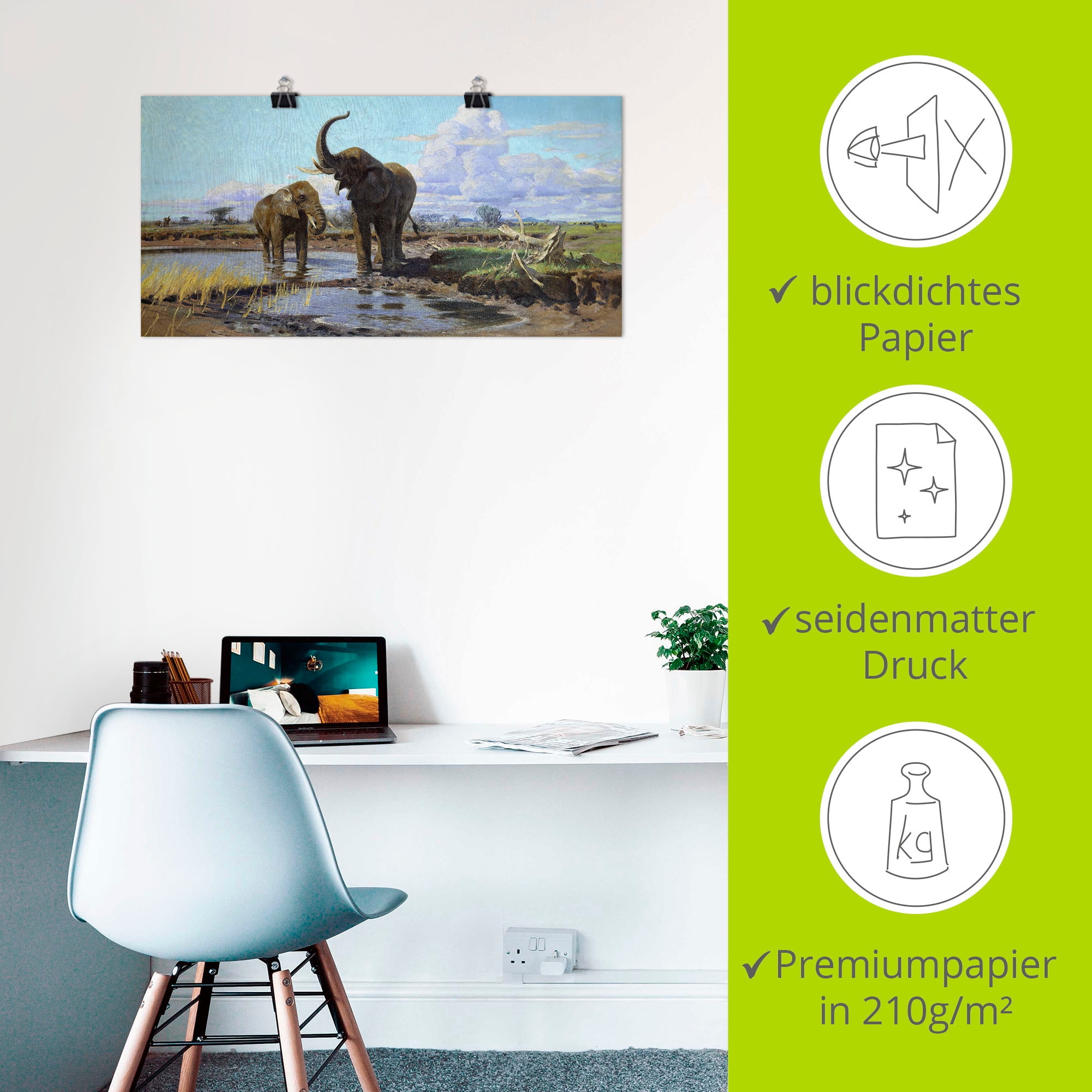 Artland Kunstdruck »Elefanten an der Wasserstelle.«, Wildtiere, (1 St.), als Alubild, Leinwandbild, Wandaufkleber oder Poster in versch. Grössen