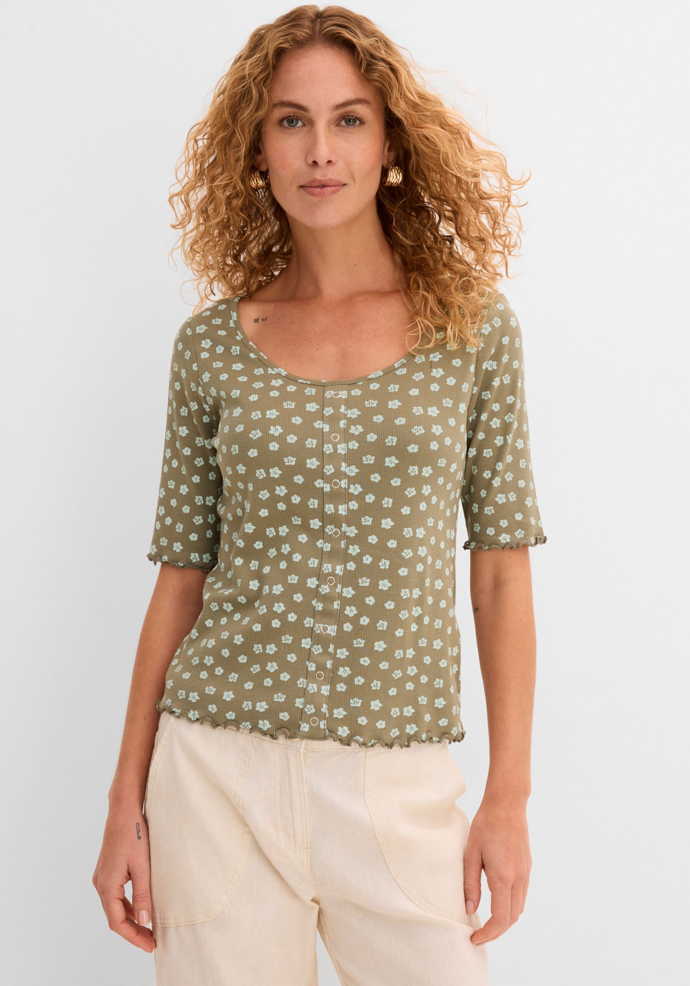 Image of bonprix T-Shirt "Ripp-Shirt mit Blumendruck, Halbarm" bequeme Passform, Halbarm-Design, mit Blumendruck, aus Baumwolle
