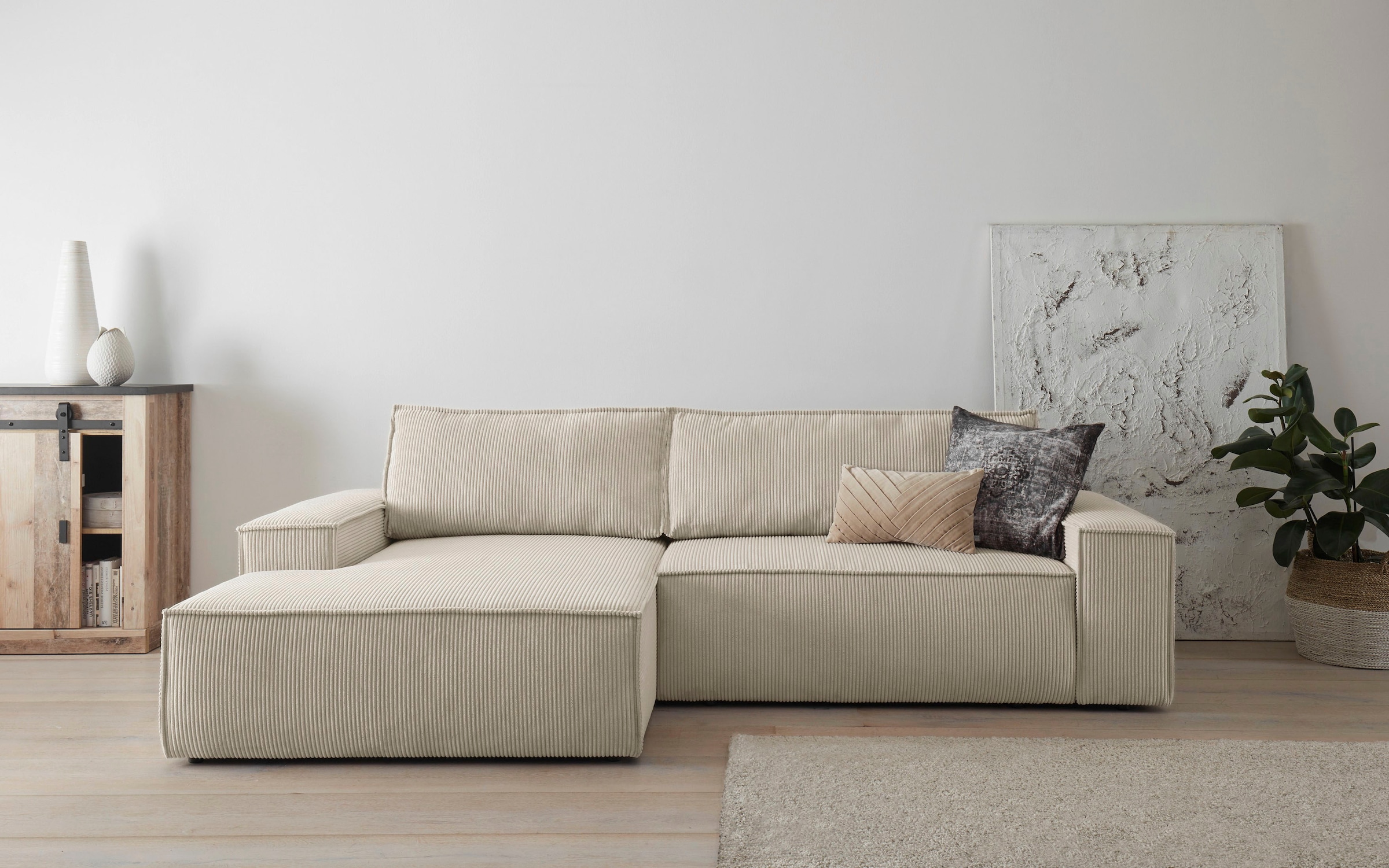Home affaire Ecksofa SHERWOOD Schlafsofa 267 cm, L-Form, Schlaffunktion mit Bettkasten (210x136 cm), Cord, Vintage, Samtvelours