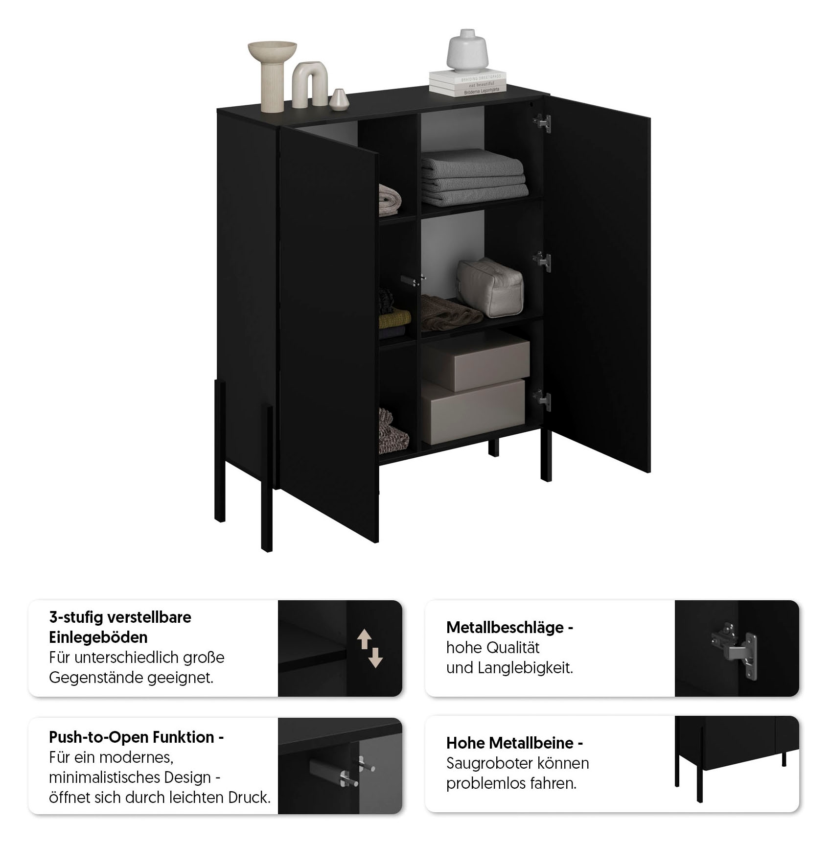 GOODproduct Kommode »Jukon, Breite 110 cm, moderne grifflose Hochschrank, 2Türen« Highboard mit viel Stauraum, push-to-open-Funktion