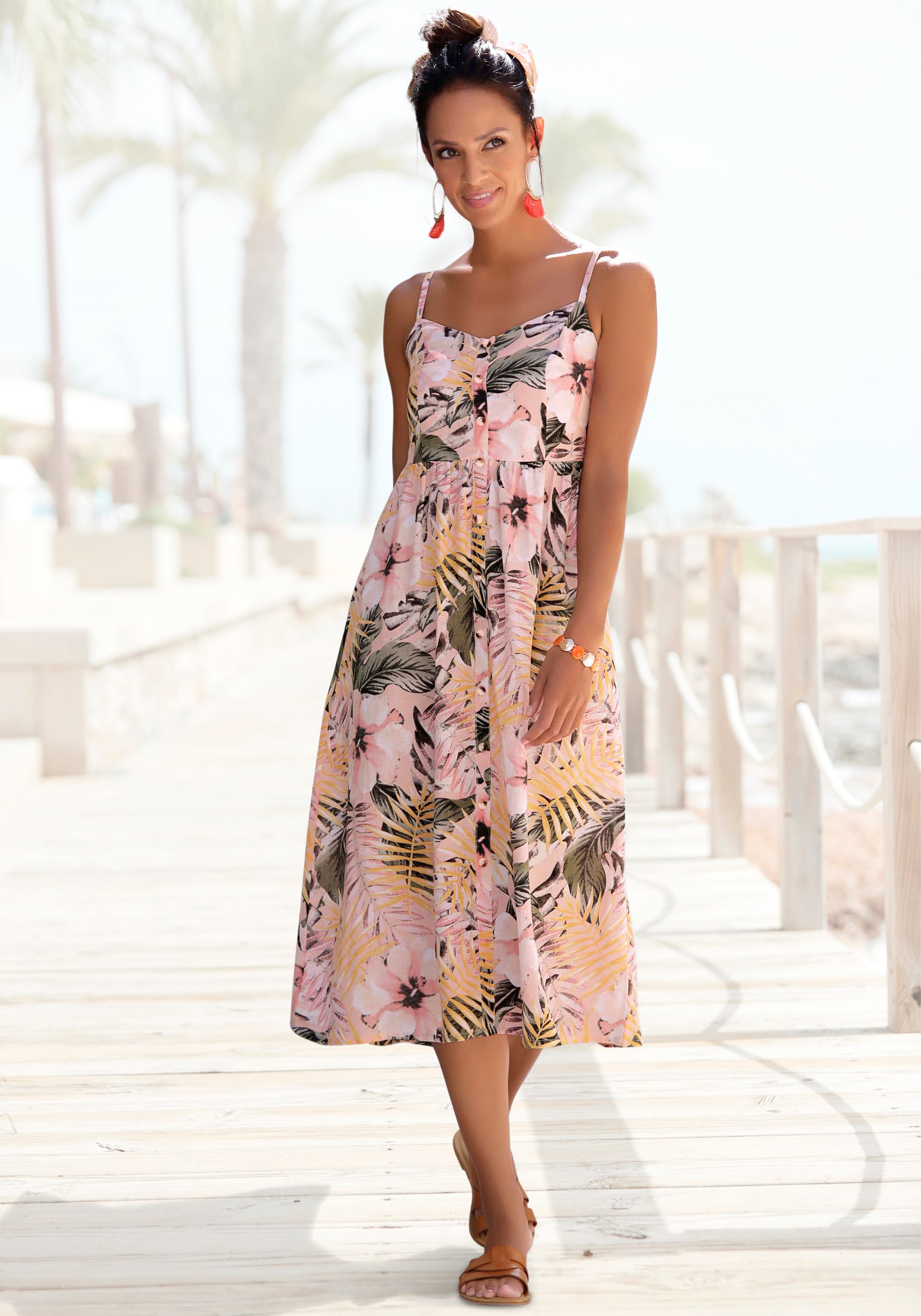 Image of LASCANA Sommerkleid "aus Leinenmix mit Baumwolle und tropischem Alloverdruck" elegantes Midikleid, Strandkleid, Spaghettikleid, Leinenkleid