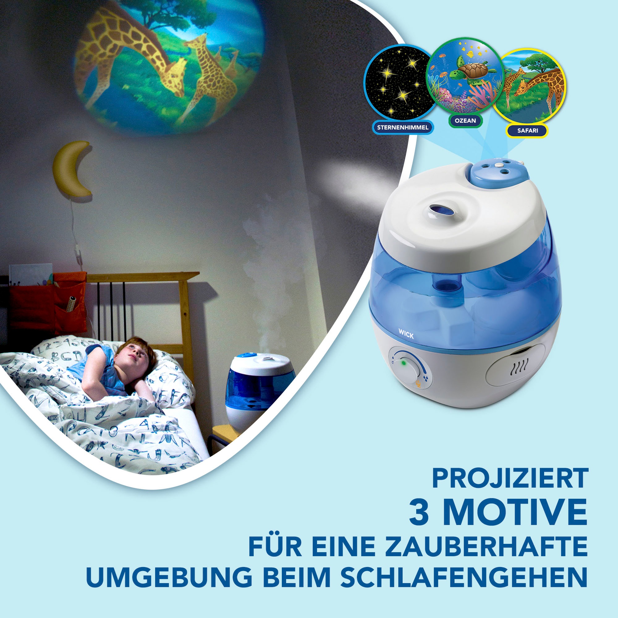 WICK Luftbefeuchter »SweetDreams Kaltluft-Luftbefeuchter mit Lichtprojektion - WUL575«, 3,8 l Wassertank, Projiziert 3 Motive: Safari, Ozean und Sternenhimmel