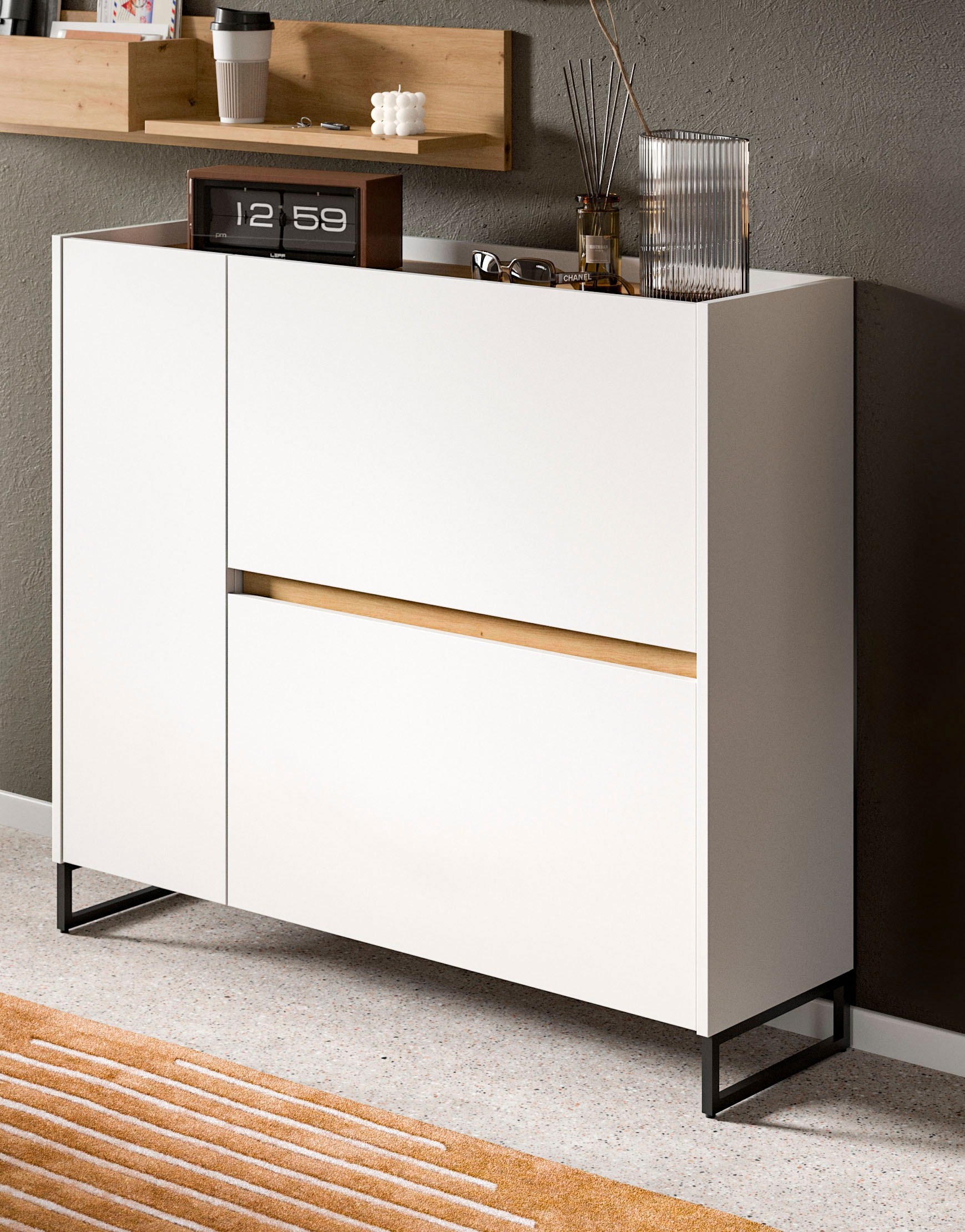 Home affaire Schuhschrank »EVRID, Breite 110cm, 1 Tür, 2 Schuhwalzen, inkl. Metall-Kufenfüsse« individuell mit anderen Artikel der Serie EVRID erweiterbar, 1 Stk. tlg. Schuhkommode, Kommode, Sideboard, Garderobenschrank, Flurkommode