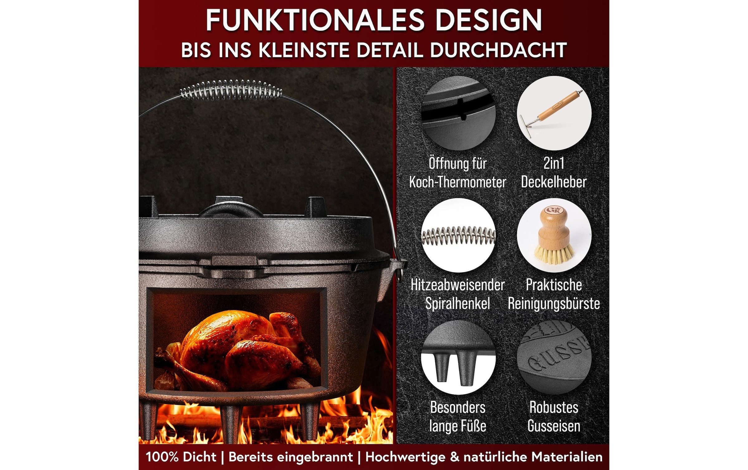   Marmite à barbecue »Gusskoenig Dutch Oven Set 4,5 l mit Deckelheber, Bürste« Set mit 2in1 Deckelheber und Reinigungsbürste