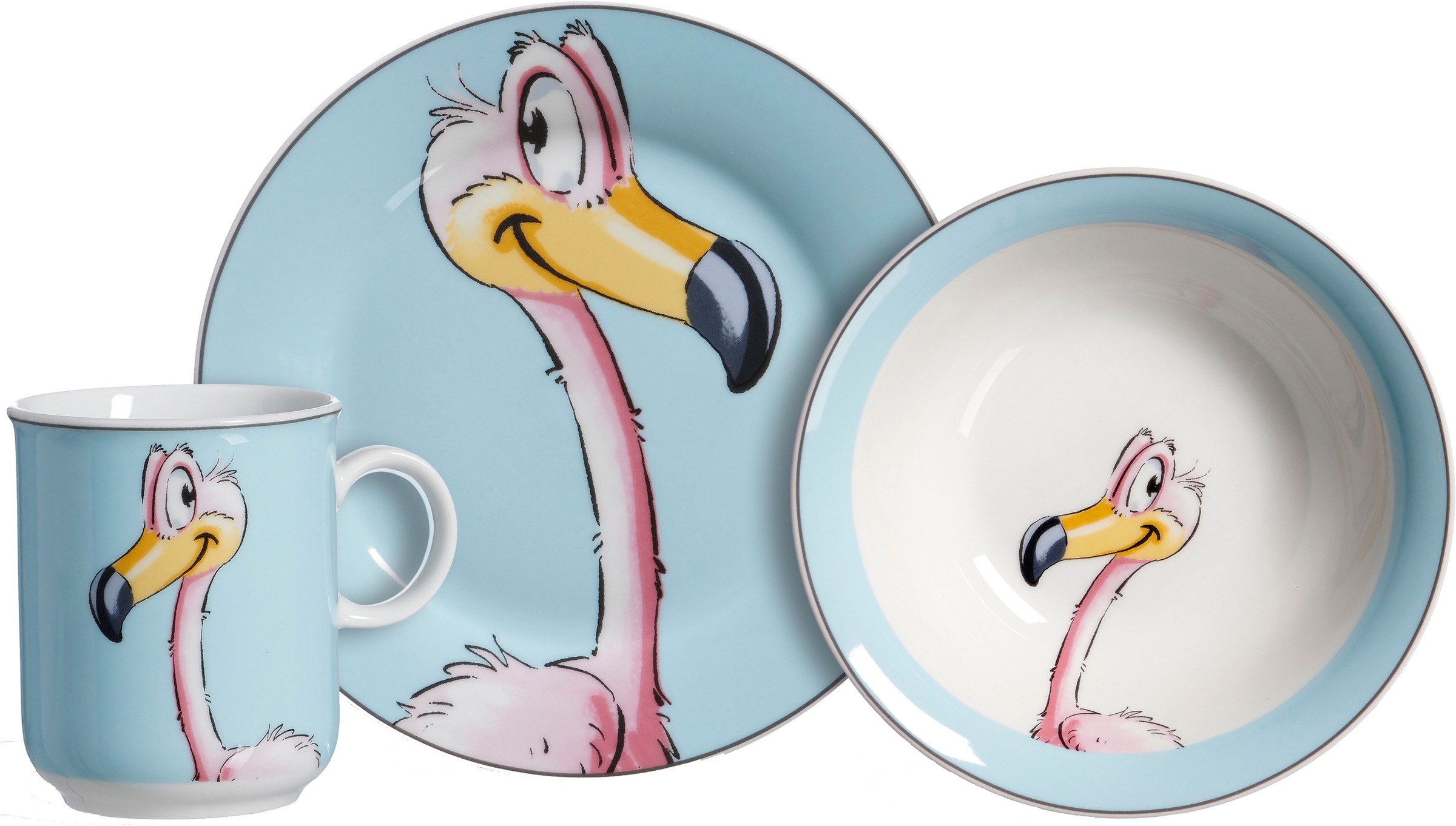 Image of Ritzenhoff & Breker Kindergeschirr-Set "Happy Zoo, Flo" mit Flamingo-Dekor, 3 Teile, für 1 Person