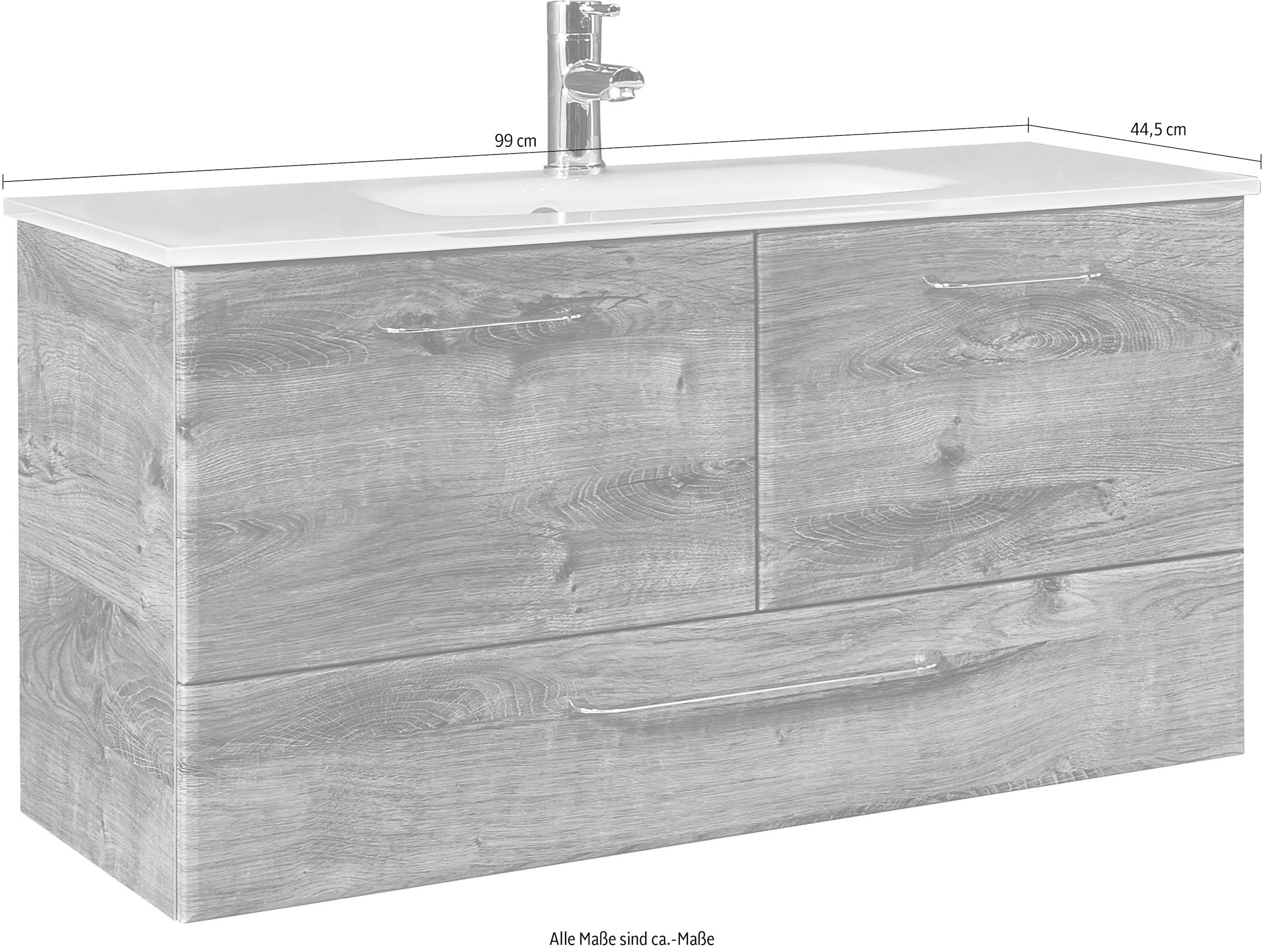Saphir Waschtisch »Quickset Glaswaschtisch mit Unterschrank, 99 cm breit, Waschplatz« Griffe in Chrom Glanz, inkl. Türdämpfer, 2 Türen, 1 Schublade
