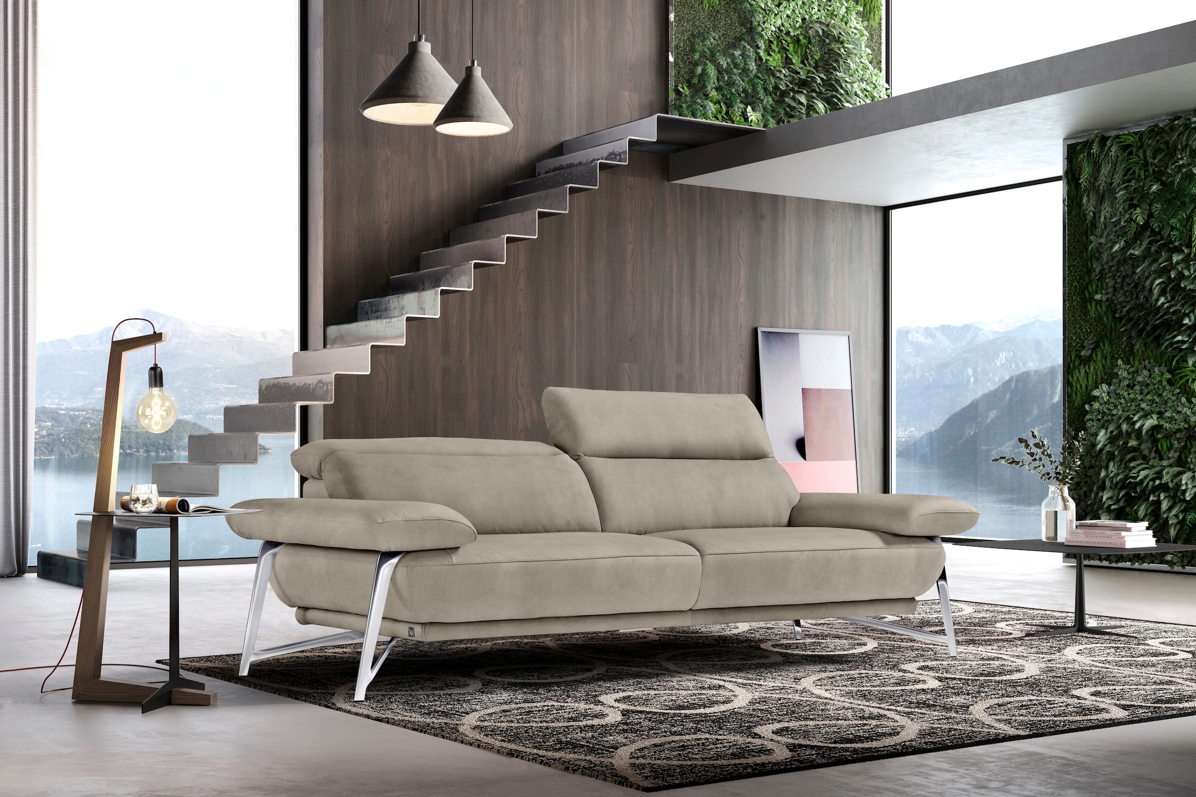 Image of Egoitaliano 2,5-Sitzer "Anais, Designsofa mit erstklassigem Sitzkomfort, Fussfarbe chrom" Kopfteil verstellbar, 232 cm, Luxus-Microfaser Lederoptik, opal grau