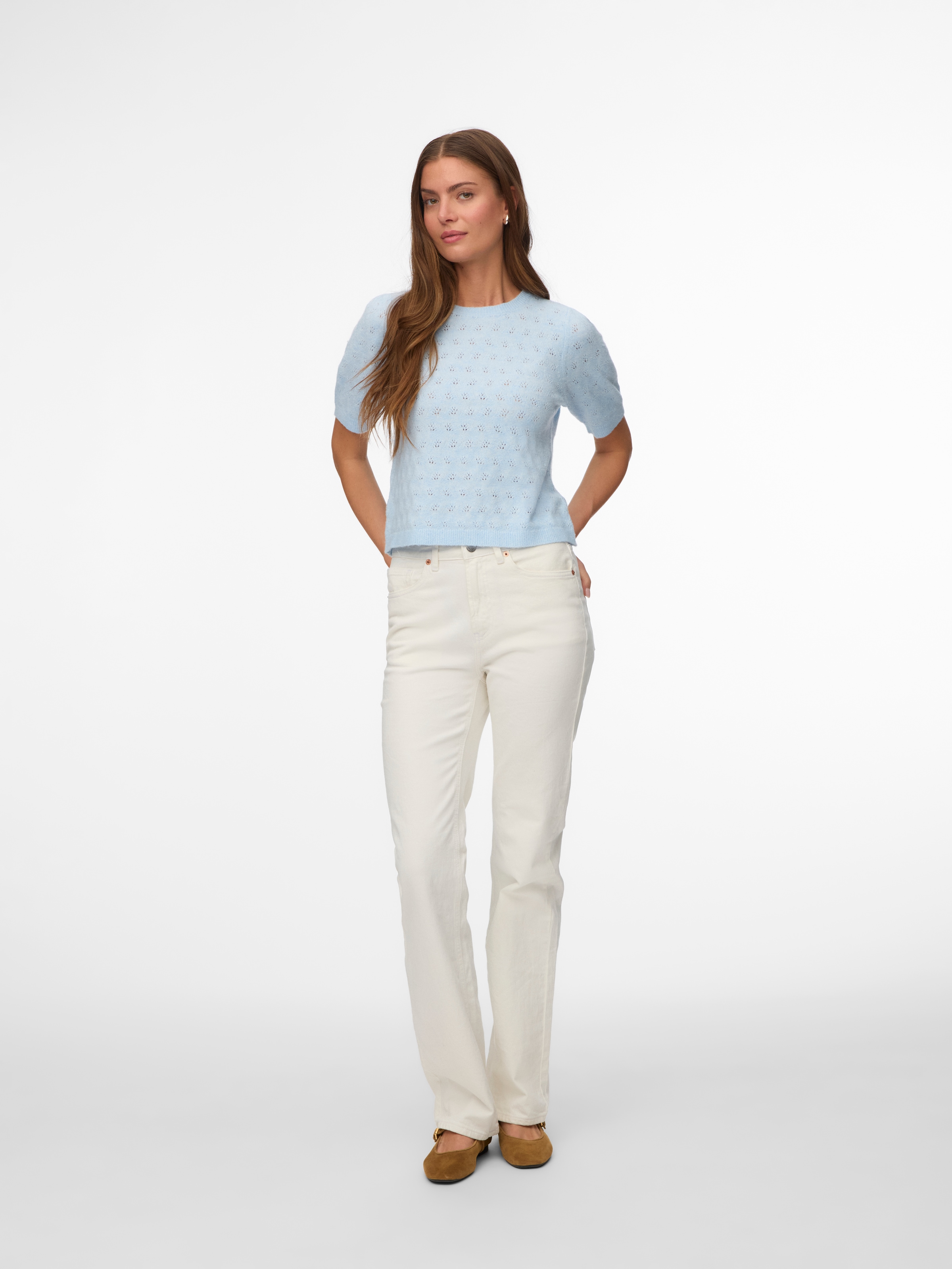 Vero Moda Kurzarmpullover »VMDOFFY STITCH 2/4 O-NECK PULLOVER NOOS« Materialmix, regular fit