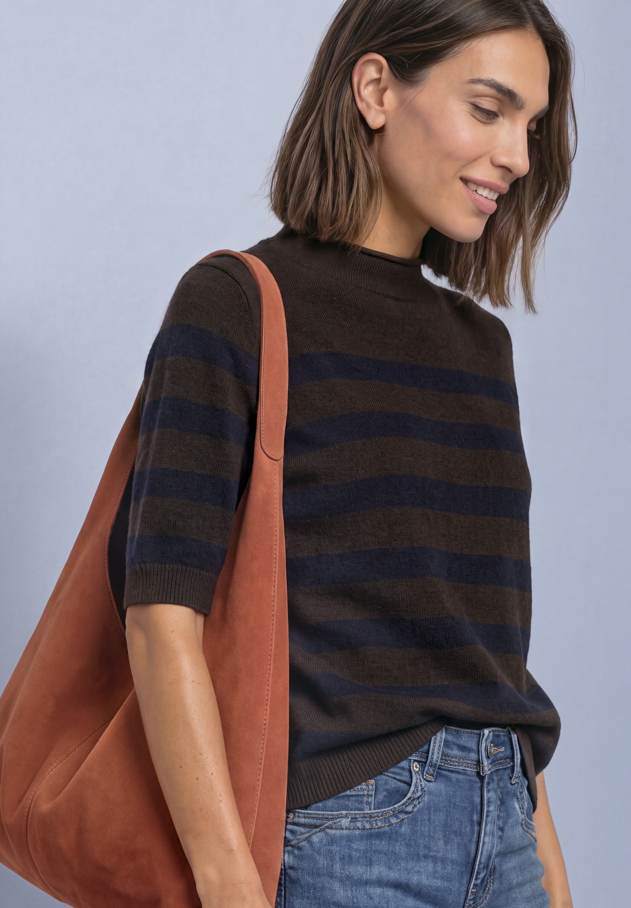 STREET ONE Strickpullover Kurzarm Pullover mit Turtle Neck / getreift