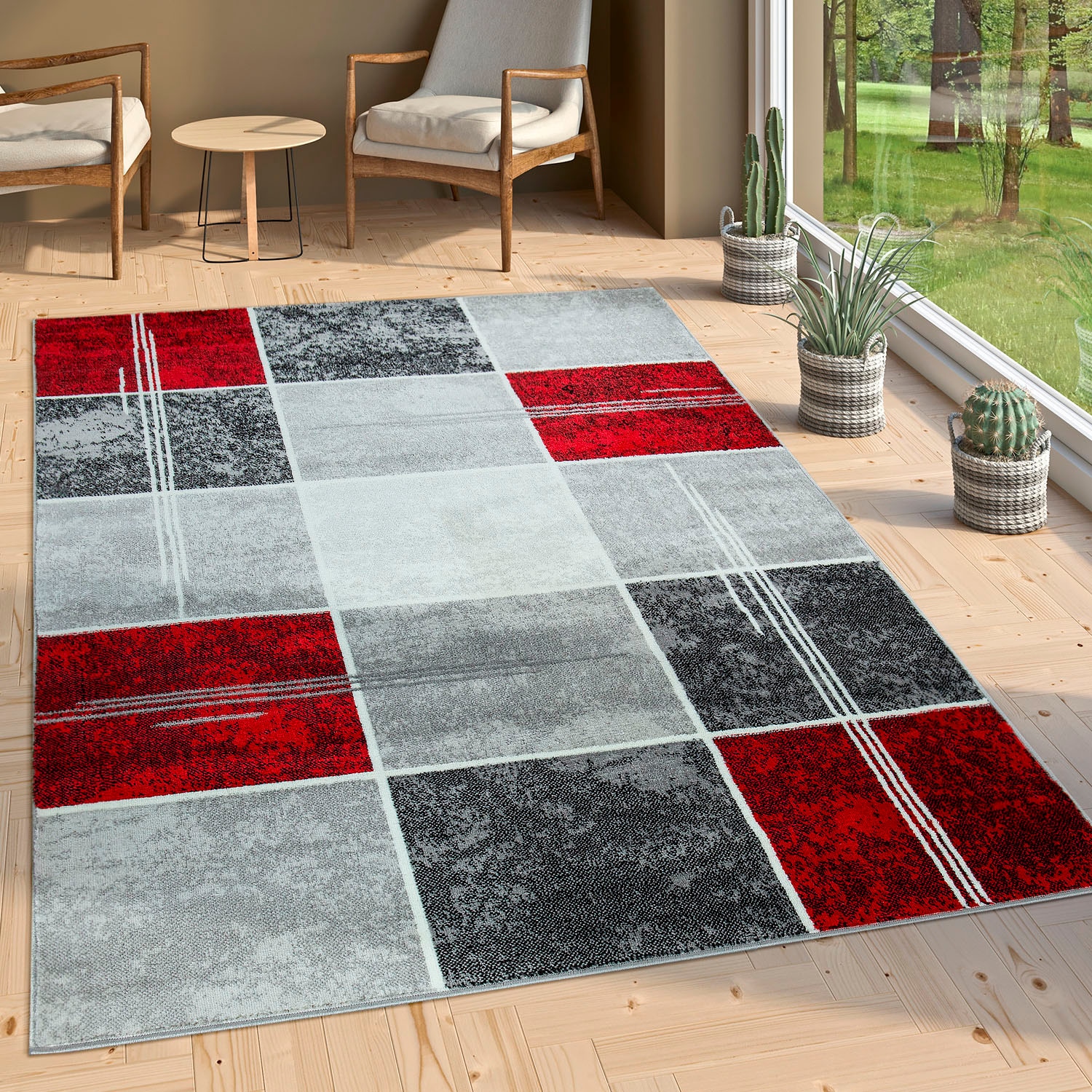 Image of Paco Home Teppich "Sinai 057" rechteckig 13 mm Höhe Kurzflor, Karo Muster mit Marmor Optik, ideal im Flur & Schlafzimmer