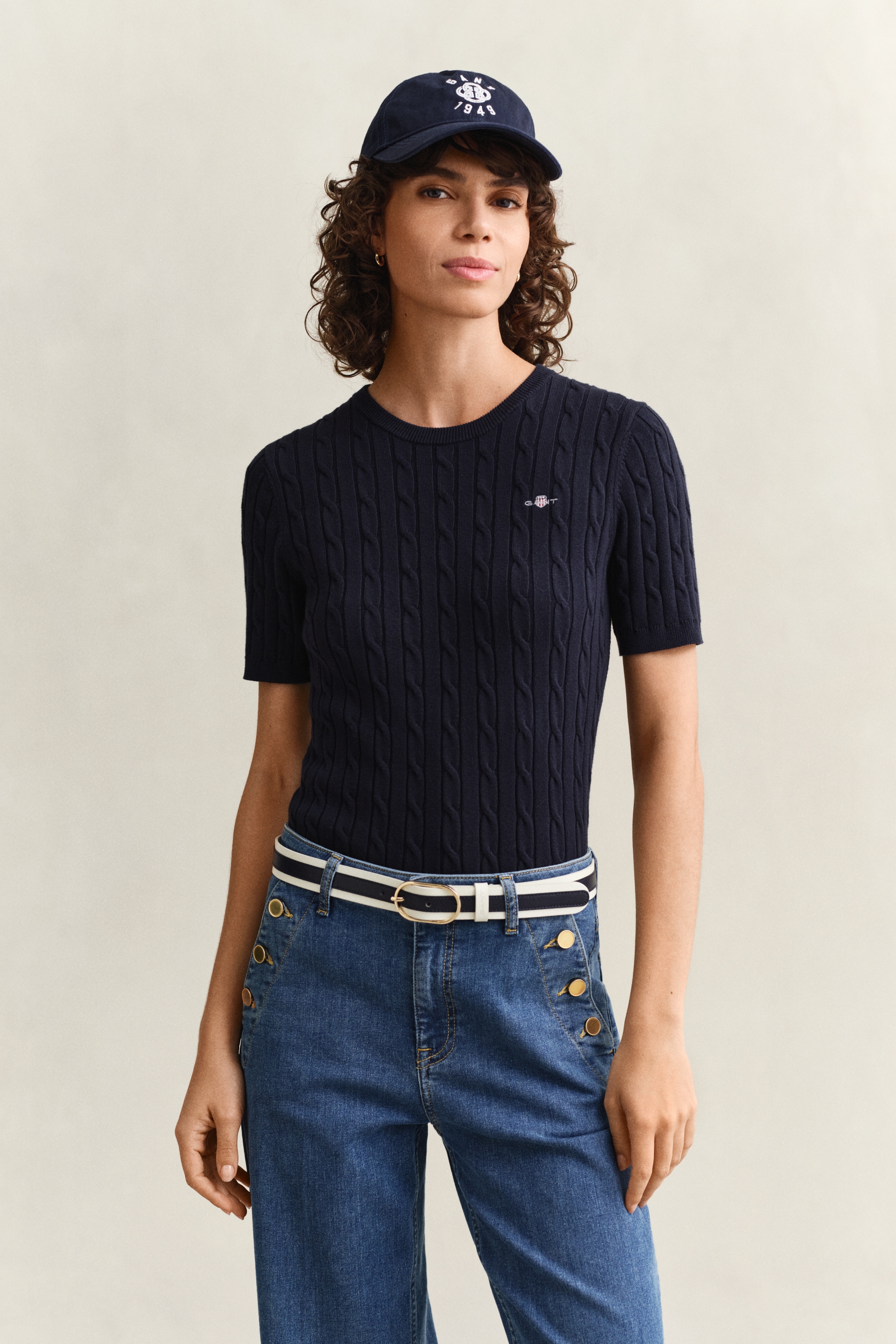 Image of Gant Kurzarmpullover "STRETCH COTTON CABLE" Slim fit mit Rundhalsausschnitt