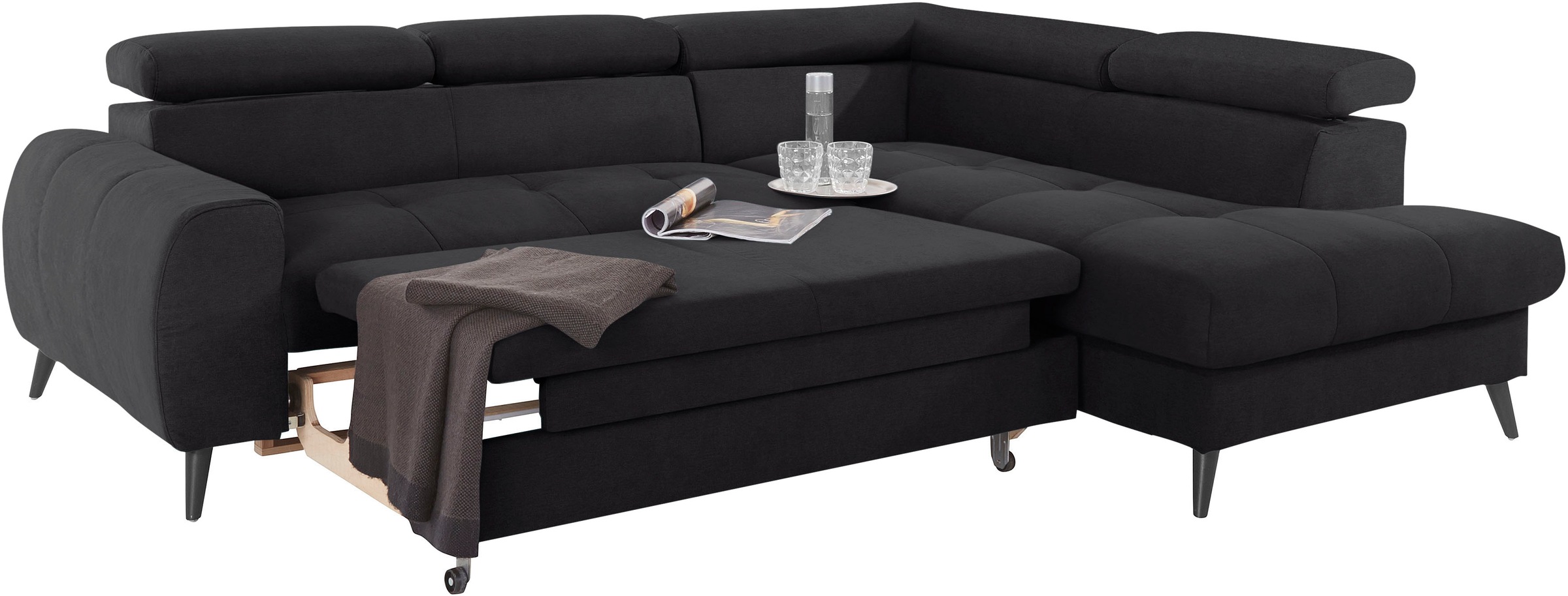 COTTA Ecksofa »Mia L-Form mit 3 Zierkissen«, wahlweise mit Bettfunktion, Bettkasten, Beleuchtung & Wireless-Charger