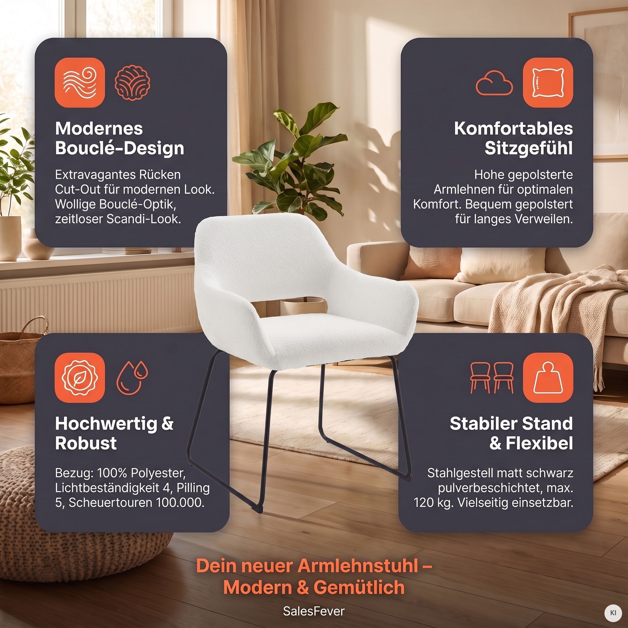 SalesFever Armlehnstuhl »Komfortabler Esszimmerstuhl mit Stil« () Bezug in moderner Bouclé Optik