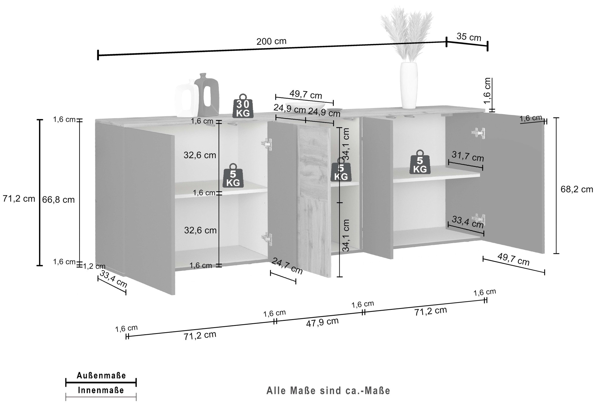 GOODproduct Sideboard »ISEO, Kommode, Schrank, Sideboard, Lowboard, 6 Fächer, Breite 200 cm« 1 Stk. tlg. stehend/hängend, 5 Türen, 6 Fächer, Breite 200 cm