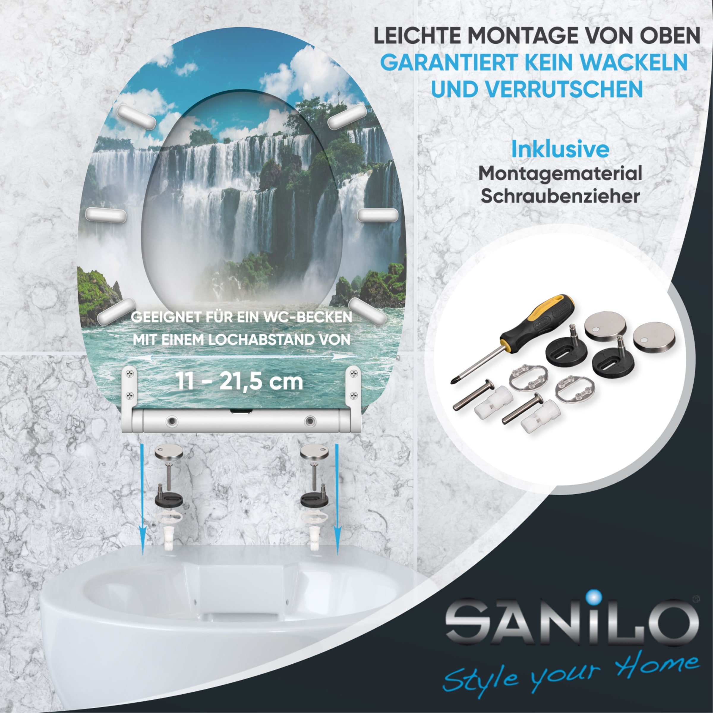 Sanilo WC-Sitz »Wasserfall mit Absenkautomatik & Quick Release« Premium Toilettendeckel, abnehmbar, leichte Montage von oben