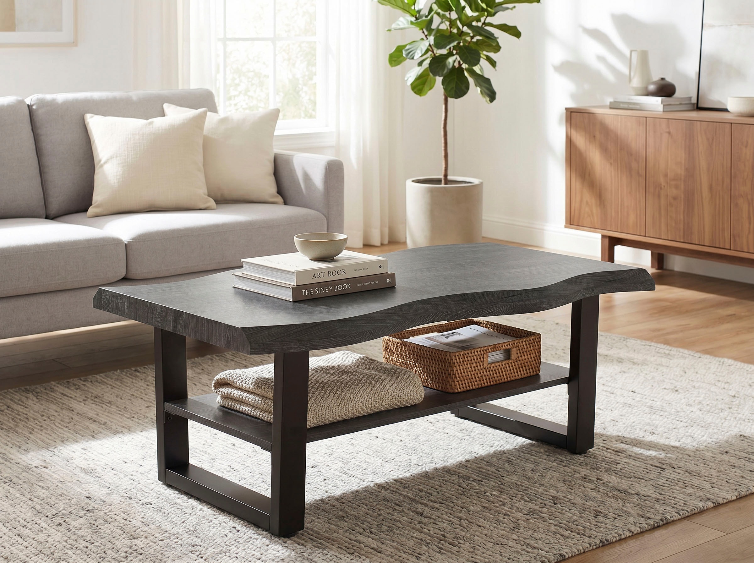 HELA Table basse »GABRIEL« étagère ; aspect bord naturel ; piètement en U