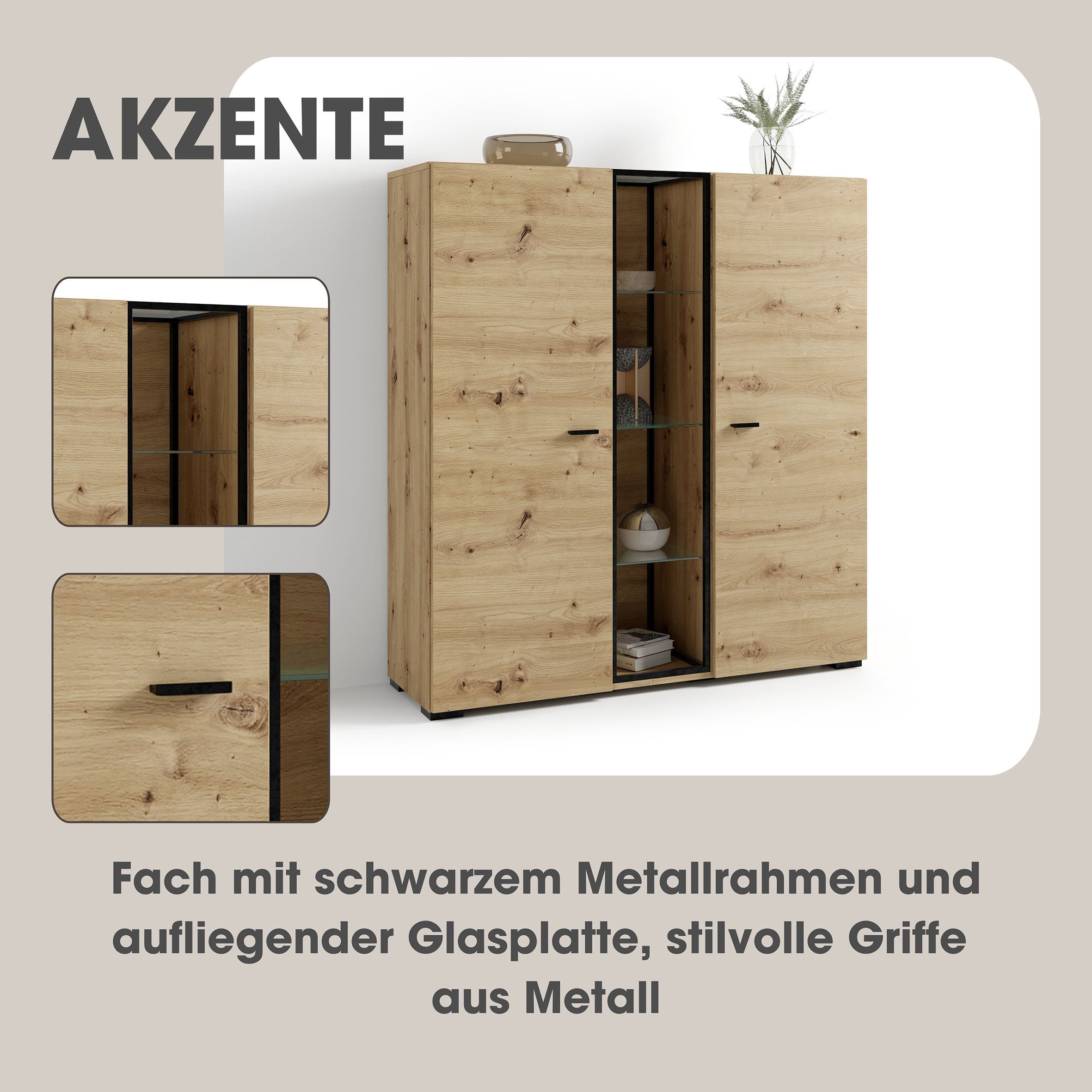 byLIVING Highboard »FRAME« Artisan Eiche, 9 Fächer, offene Fächer mit Glasböden im Metallrahmen