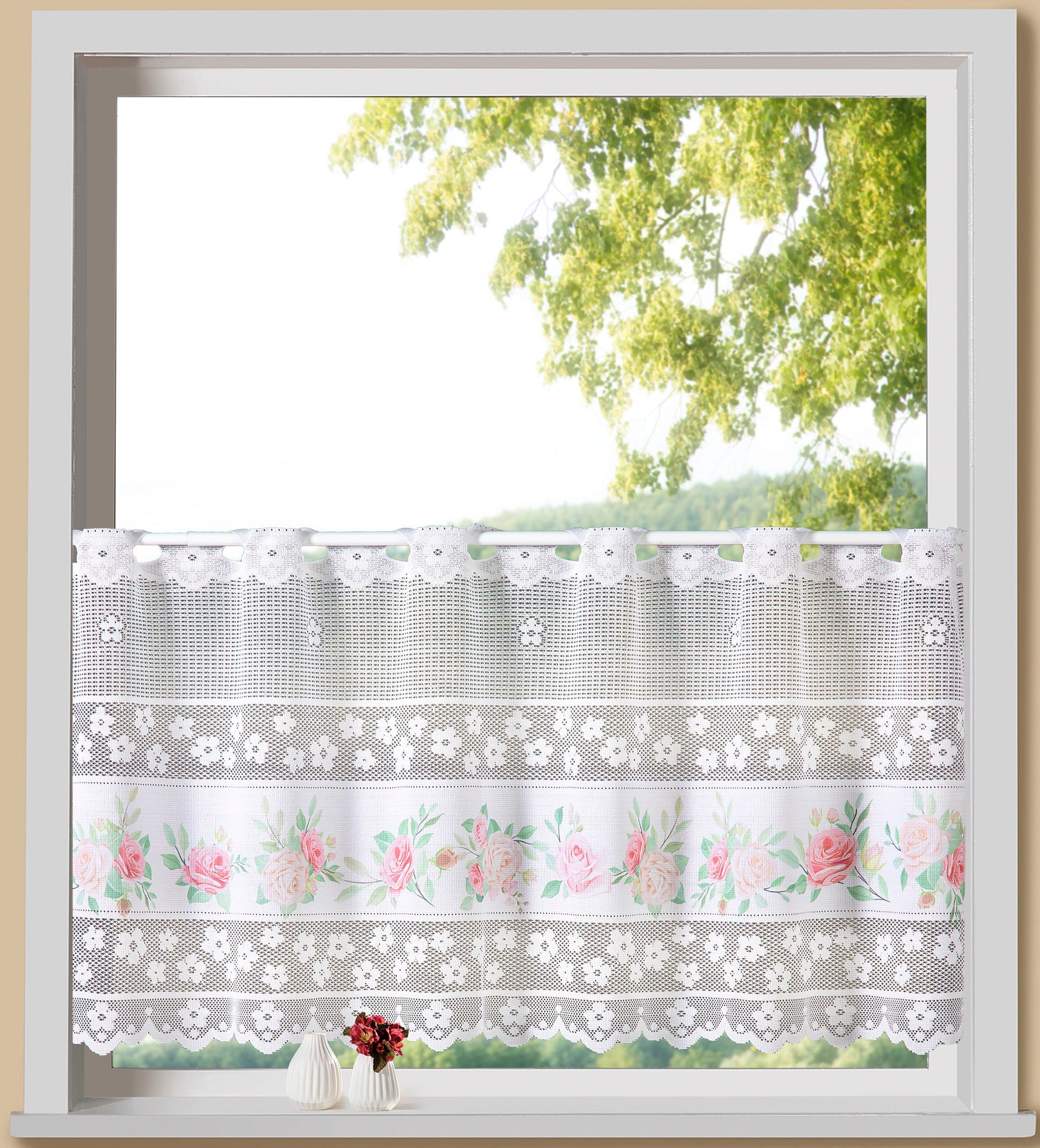 Image of Weckbrodt Scheibengardine "Rosen" Stangendurchzug 1 Stk. tlg. Bistro, Jacquard, floral, Bordüre, HxB 45x145cm, Gardine, Store