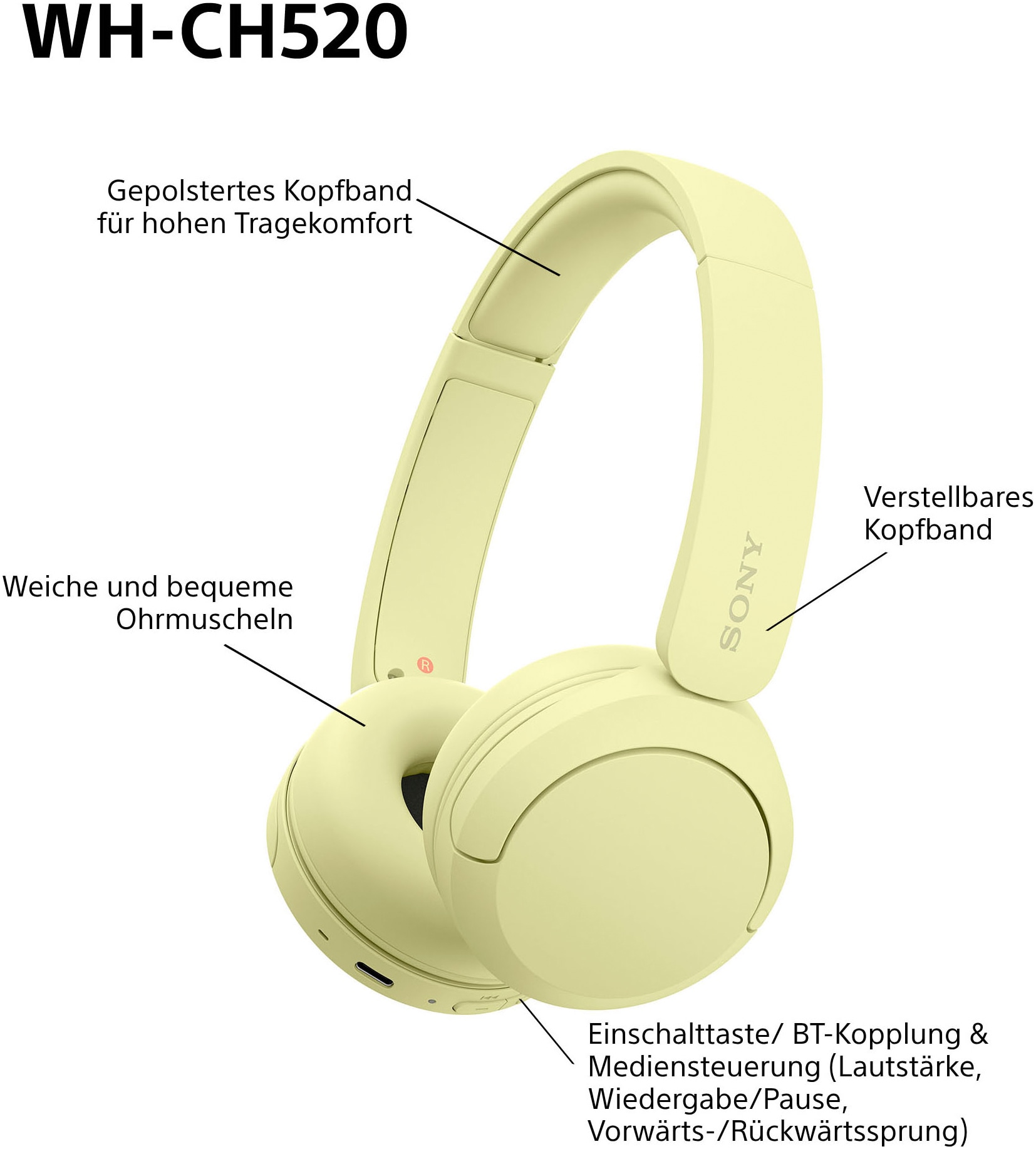Sony Casque supra-auriculaire »WHCH520« commande vocale | compatible avec Siri | fonction mains libres | réduction du bruit autonomie max. batterie 200 h (veille)