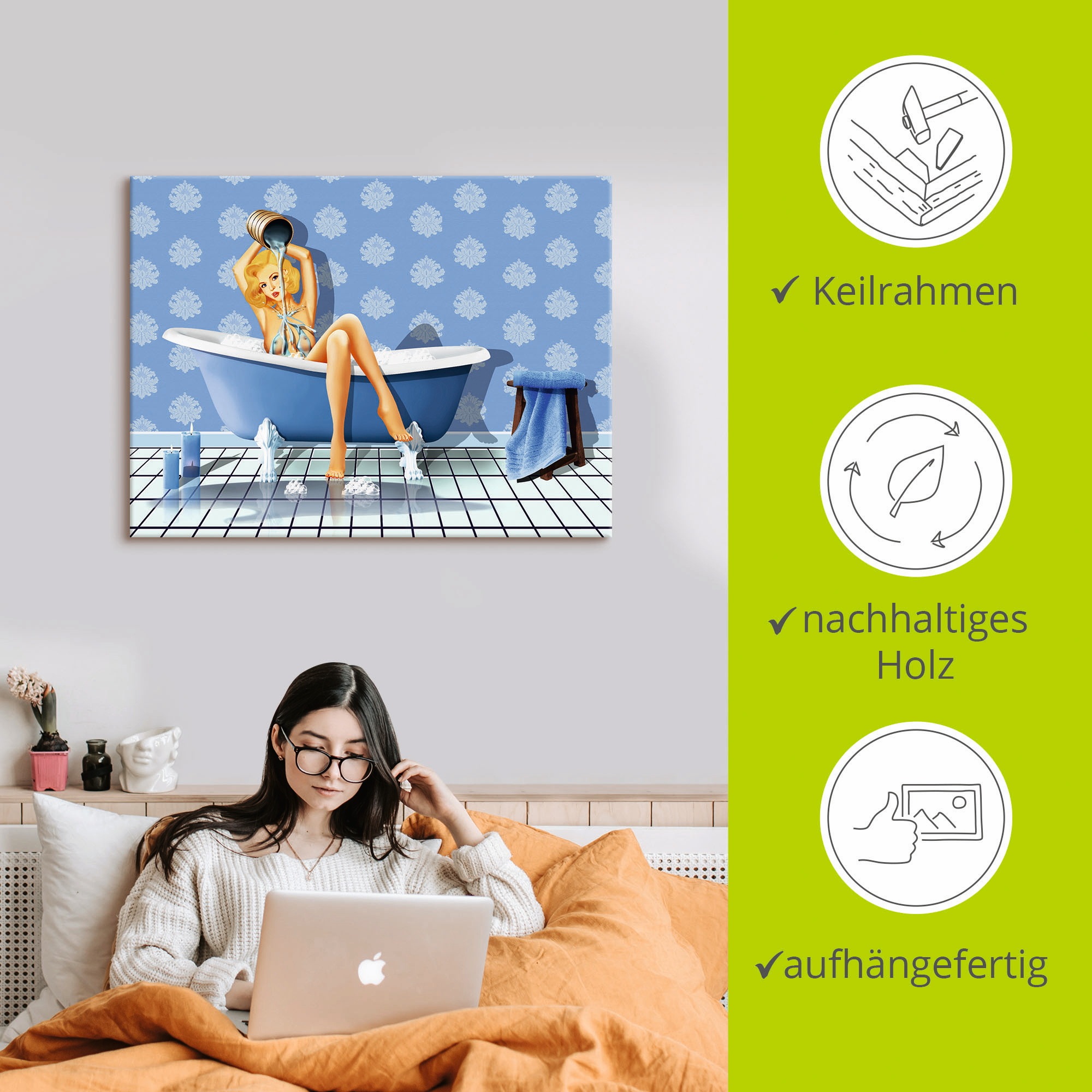 Artland Wandbild »Das sexy blaue Badezimmer«, Frau, (1 St.), als Leinwandbild, Poster, Wandaufkleber in verschied. Grössen