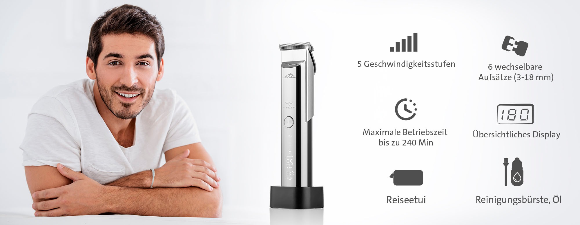 eta Haar- und Bartschneider »TYLER ETA934290000«, 6 Aufsätze, Li-ion Akku 3,7 V