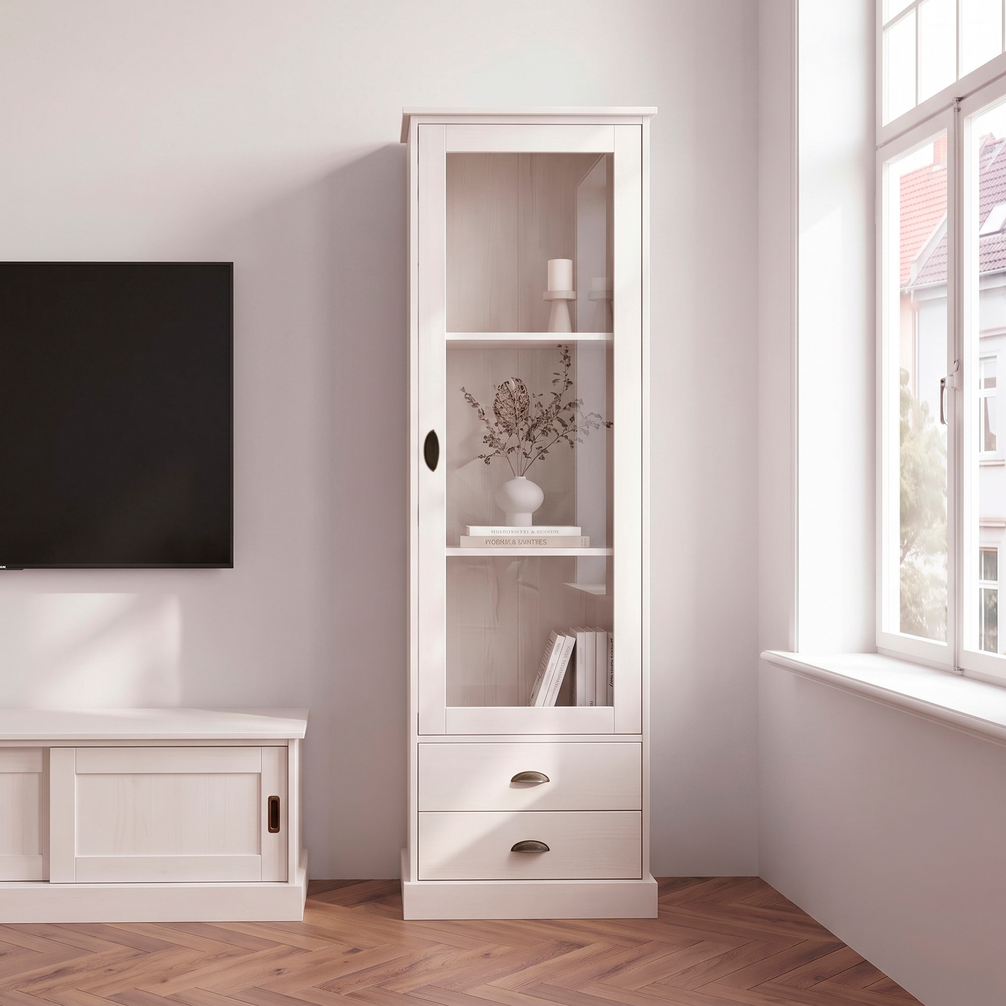 GOODproduct Vitrine »Schröder« mit 1 Schiebetür, 2 Schubkästen, aus massivem Kiefernholz, Breite 55cm