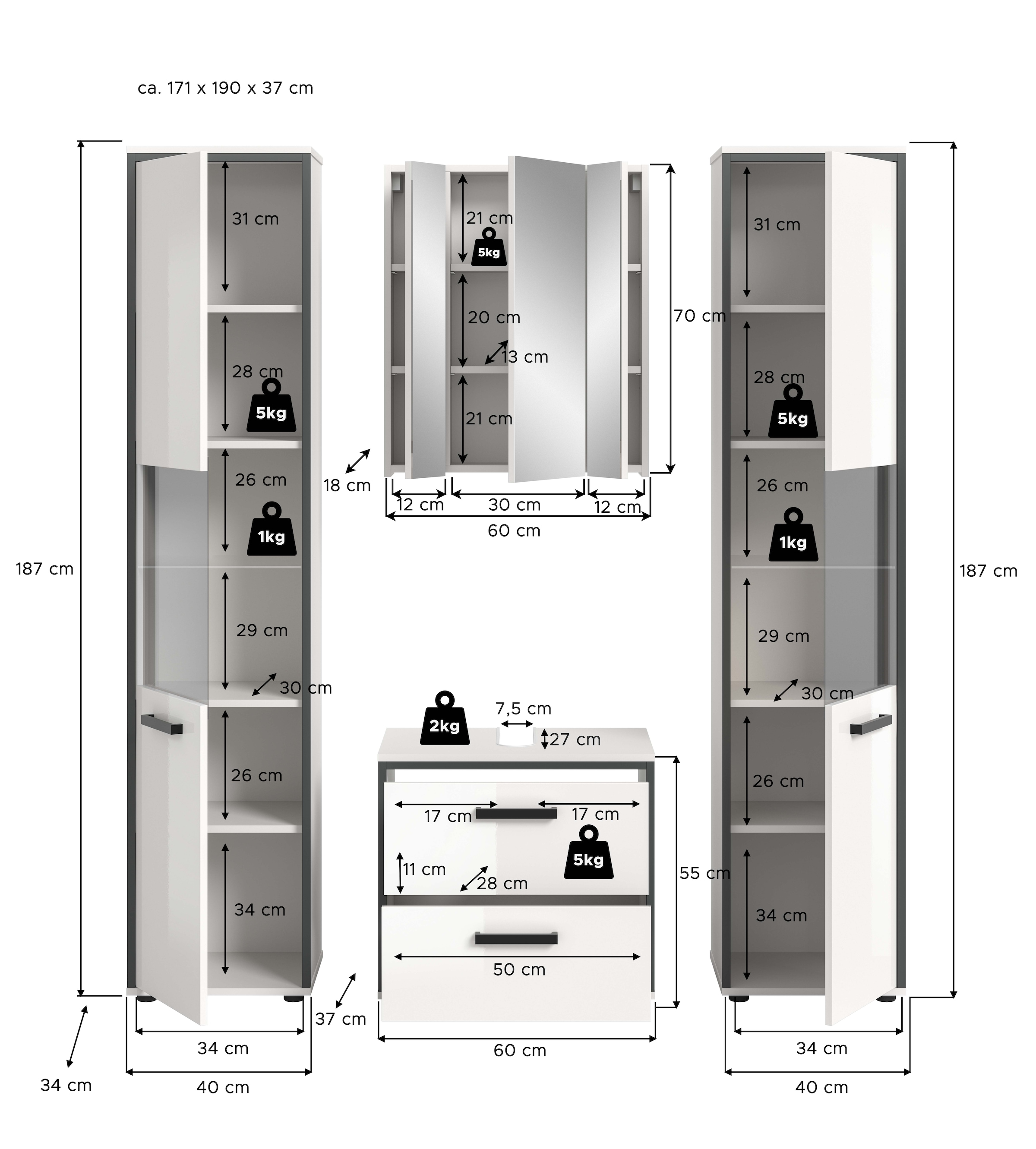 welltime Ensemble de meubles de salle de bain »KAJO, 4-tlg. Badkombination, weiss hochglanz« Set, Set, best. aus:2Hochschränken, 1 WBU, 1 Spiegelschrank, 4 cuis tlg.